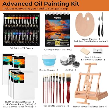 Deluxe Oil Paint Set with Beech Wood Easel Box, Advanced Painting Kit with Paint Brush, Canvas, Palette, Oil Cup, Brush Washer, Pencils, Art Supplies, Painting Set for Adult, Artist, Beginners