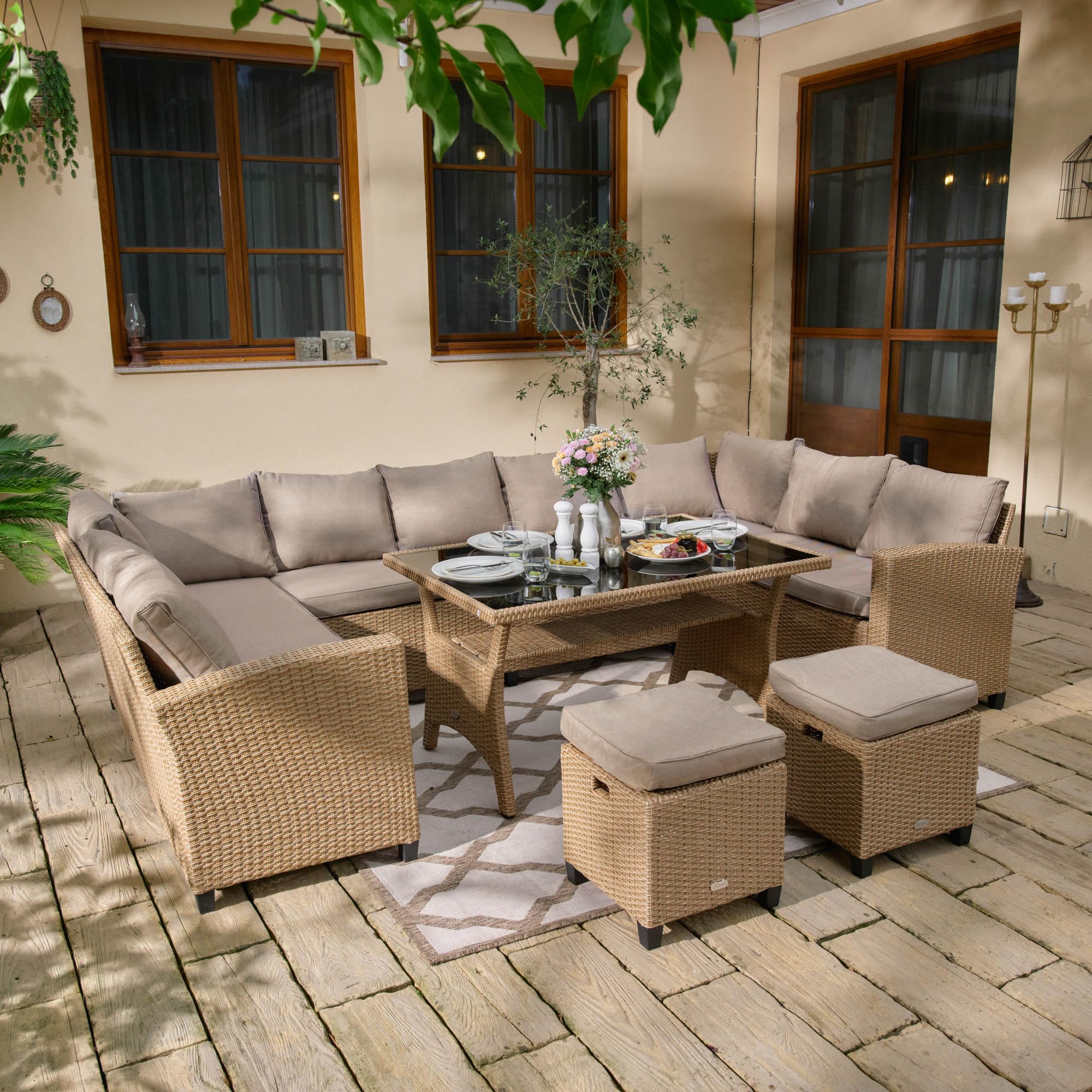 di volio Gartenmöbel-Set Polyrattan Lounge für 9 Personen Outdoor Livorno | Ecksofa, 2 Hocker, Tisch, Sitz- und Rückenkissen, Stahlrahmen, UV-beständig, pflegeleicht, Terrasse