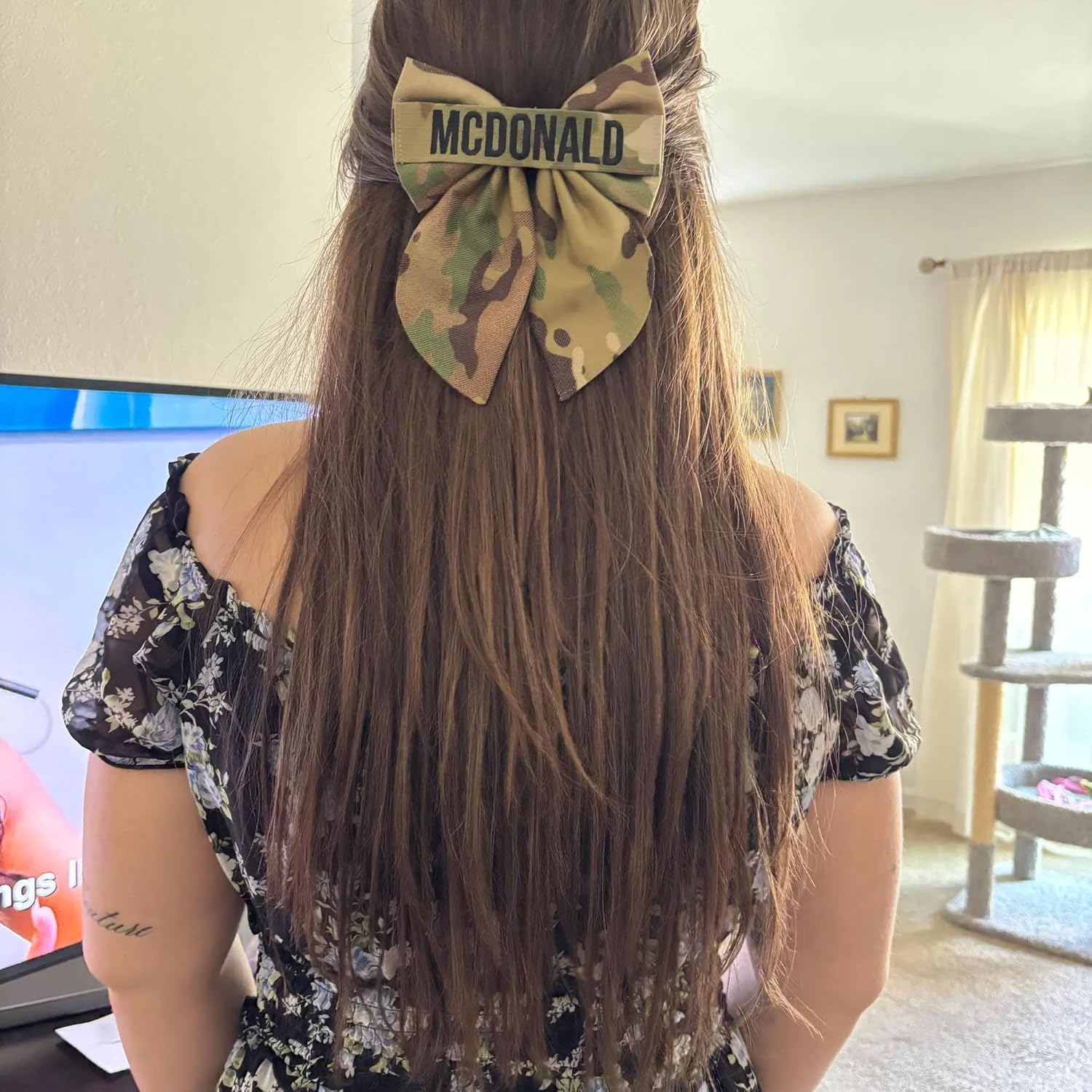 Personalized Army Hair Bow with Nametape, Air Force OCP NWU Marine Memorial Day and Veterans Day Gift (Improved)