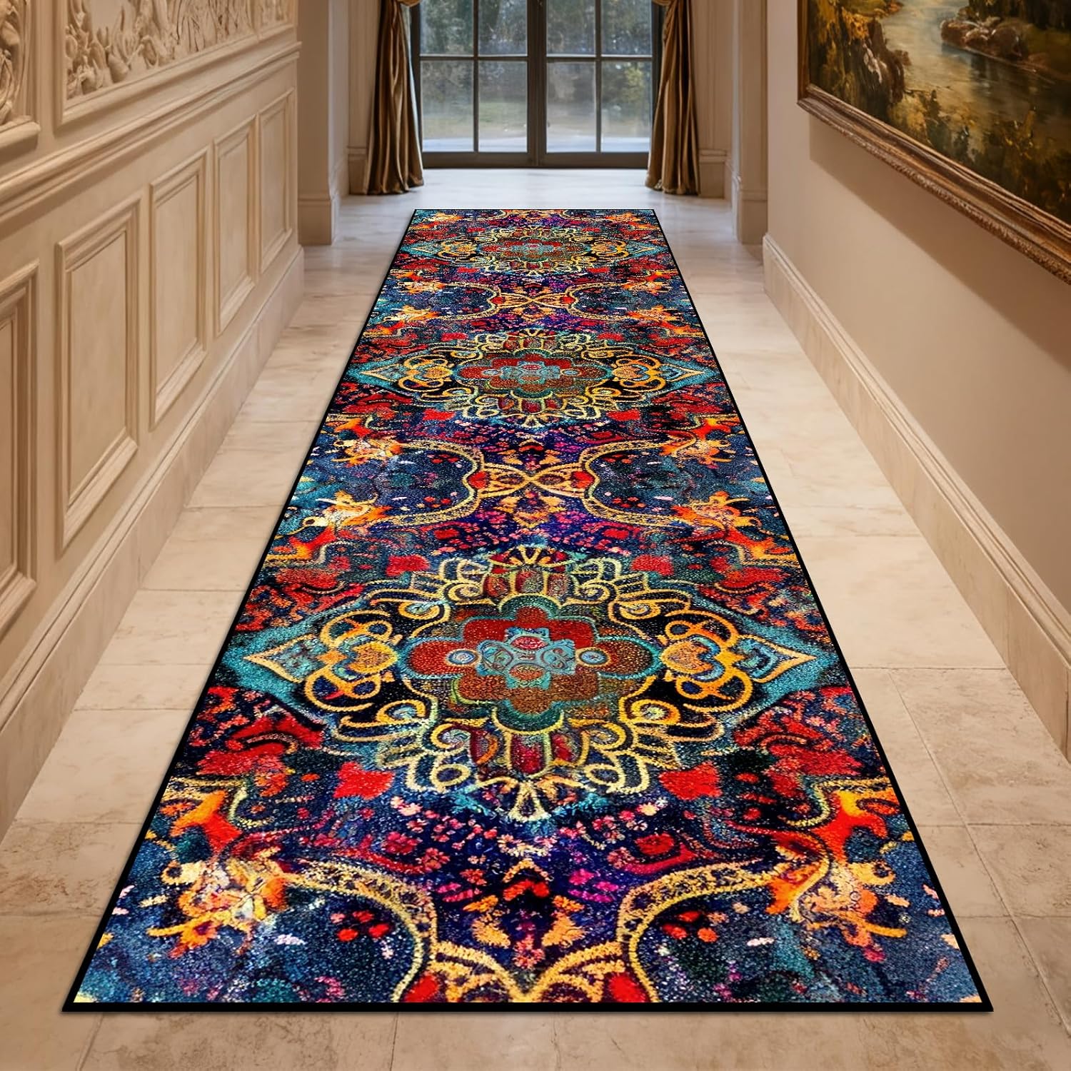 Washable Corridor Runner Rug, Non-Slip Dark Red Hallway Rug Runner with Upgrade Rubber Backing, Stain Resistant Faux Wool Distressed Carpet for Bedroom Kitchen Laundry Corridor Balcony (94.5" x 23.6")