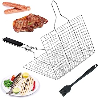 iTGOOS Fish Grilling Basket, Grill Basket Stainless Steel BBQ Grilling Basket Portable BBQ Grill Basket Fish Grill Basket with Removable Handle with Basting Brush for Fish Steak Vegetable Shrimp