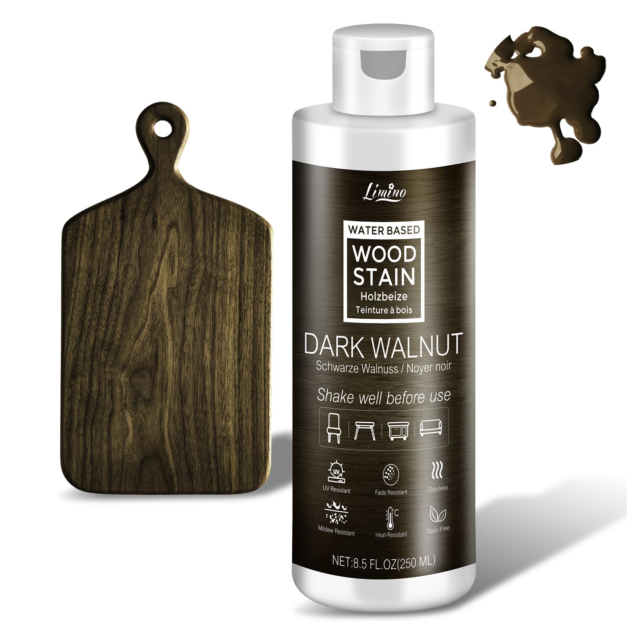 Wasserbasierende Holzbeize - Dunkle Walnuss | Holzlasur für Innen- & Außenmöbel, Schränke, Regale, Türen, Geruchsarm & Ungiftig, Schnelltrocknend, Mehrere Klassische Farbtöne - 8.5fl.oz / 250ml