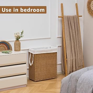 Slim Laundry Hamper, Handwoven Natural Water Hyacinth Basket
