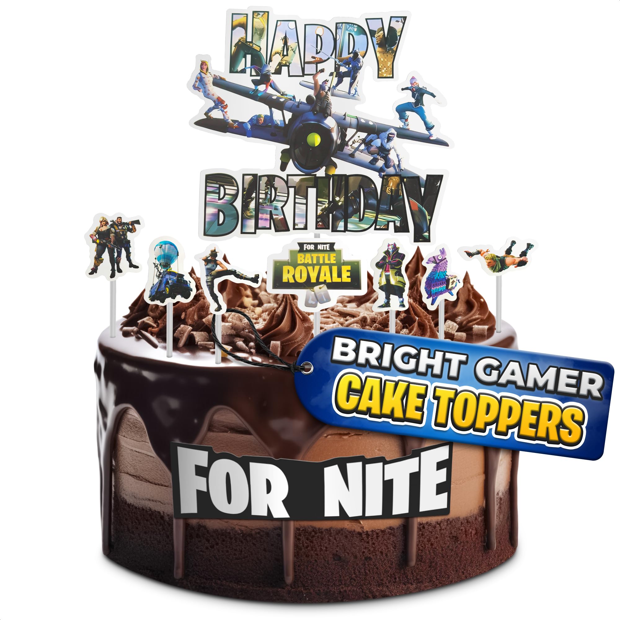 Video Game Cake Topper - Gamer Cake Decorations with 7 Action Figures, Strong Sticks for Easy & Secure Installation - Exciting Happy Birthday Cupcake Toppers Made of Sturdy Cardboard for Little Gamers