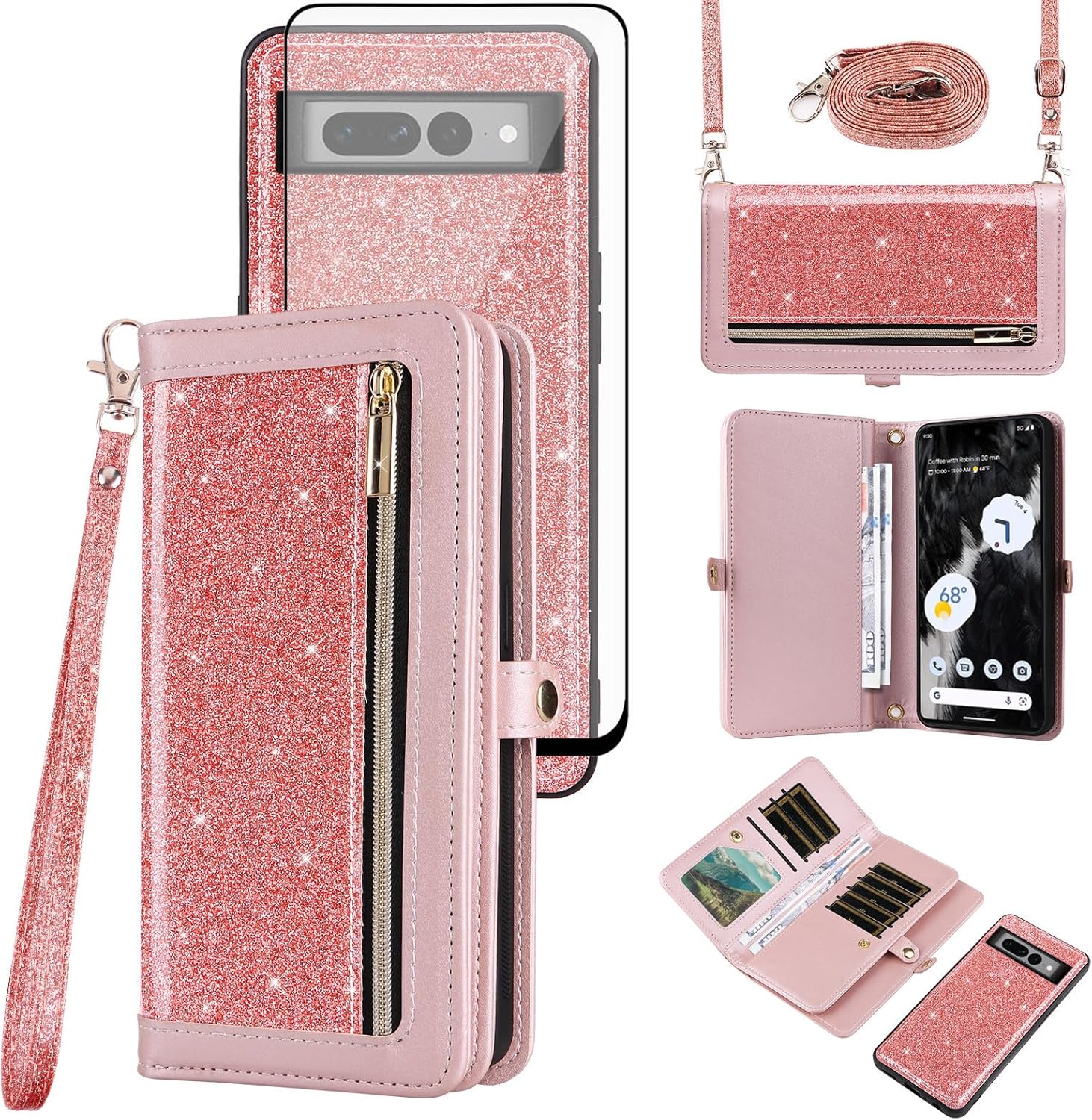 Asuwish Phone Case for Google Pixel 7 Pro 5G Zipper Wallet Cell Cover with Tempered Glass Screen Protector Lanyard Strap Bling Glitter Flip Card Holder Pixel7Pro Pixel7 XL Seven 7Pro 6.7 Women Black