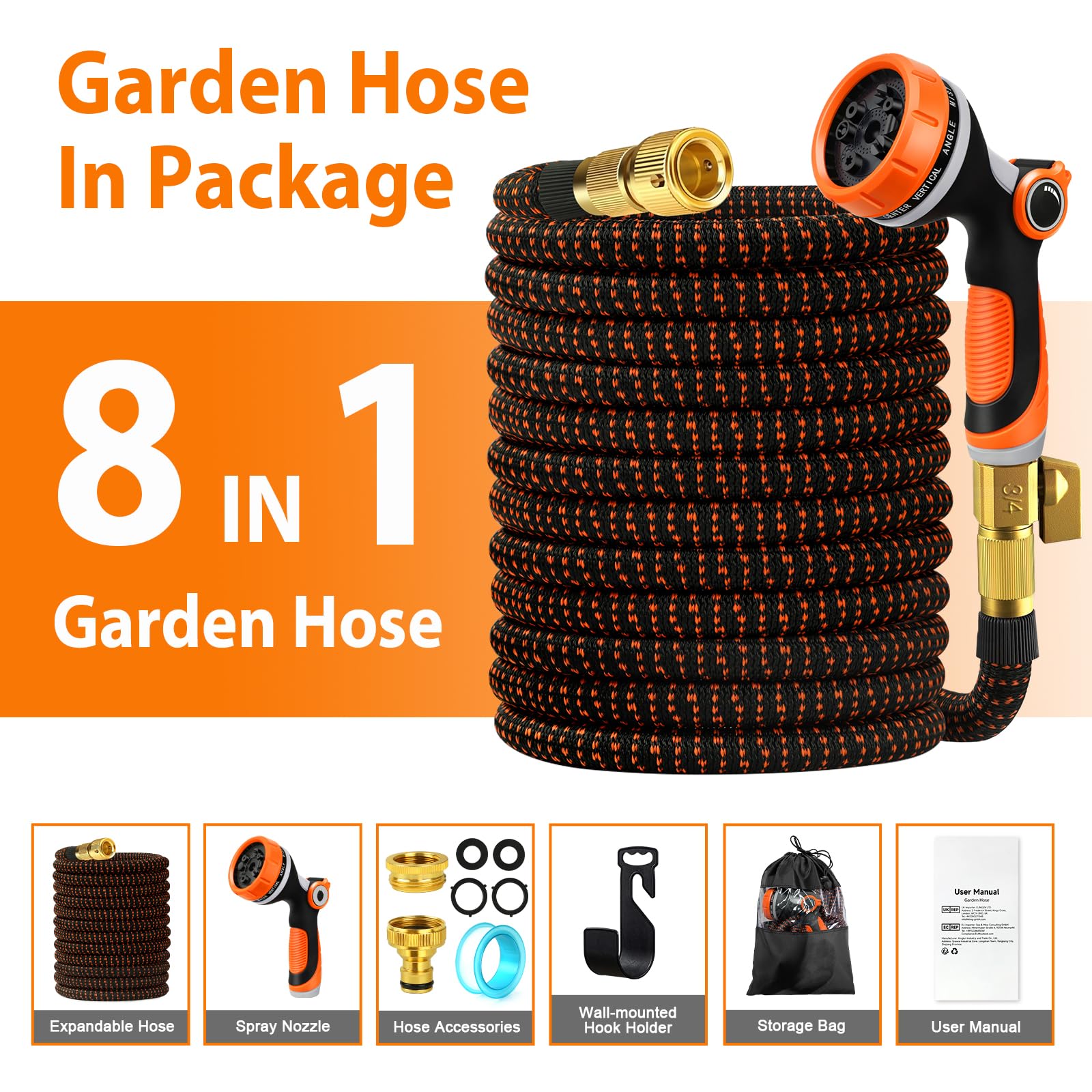Edonkvi Gartenschlauch Flexibel Schlauch 45m, Flexibler Wasserschlauch Flexschlauch, Dehnbarer Gartenschläuche mit 10 Funktionsdüse Brause, Brause Wasserhahn Adapter Garden Hose Wandhalterung Aufsatz