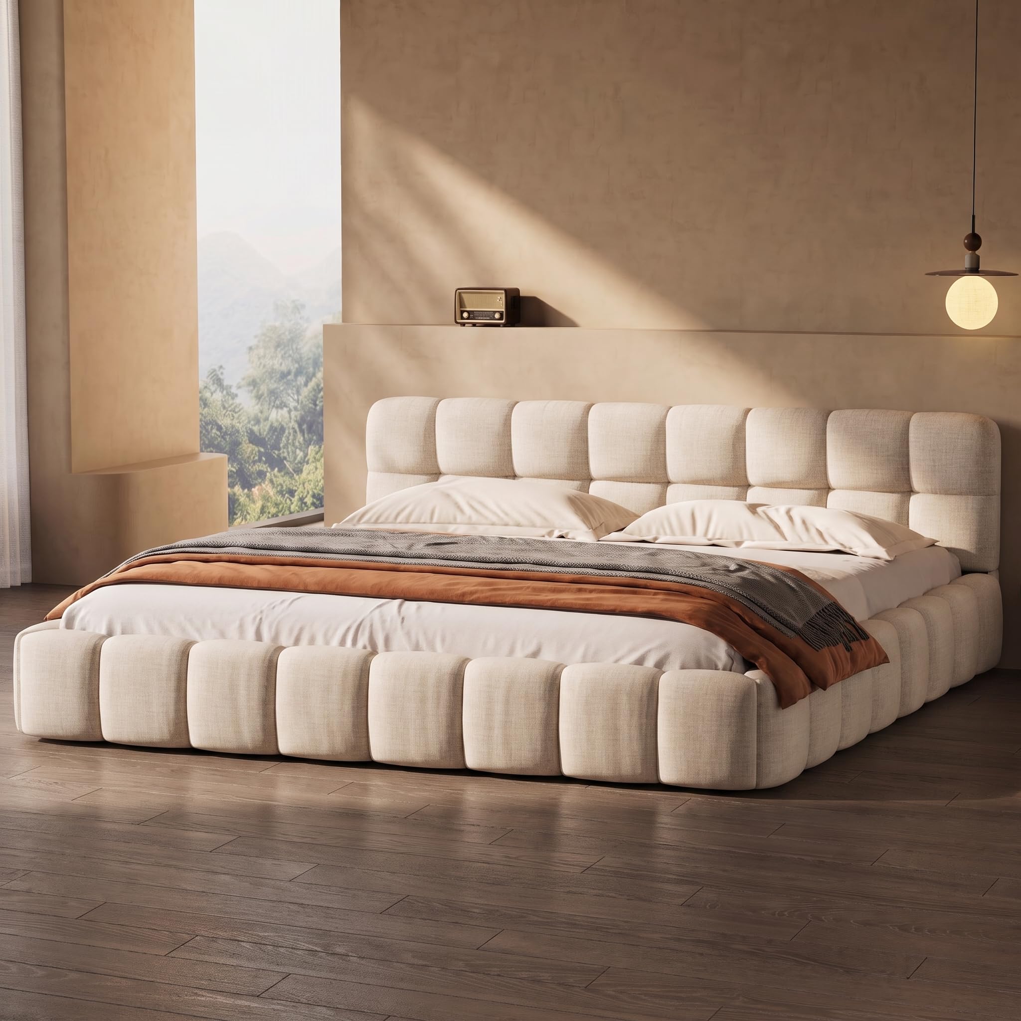 Bubble łóżko tapicerowane 140 x 190 cm, łóżko podwójne, młodzieżowe ze stelażem | Płaskie łóżko, tapicerowany zagłówek, styl tatami, rama łóżka do sypialni i pokoju gościnnego, styl tatami, bez materaca