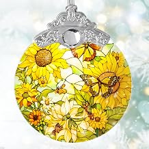 Stained Glass Suncatcher, Jocidea Sunflower and Butterfly Decor, Christmas Ornament, Holidays Ornaments, Christmas Tree Ornament, Sunflower and Butterfly Gifts