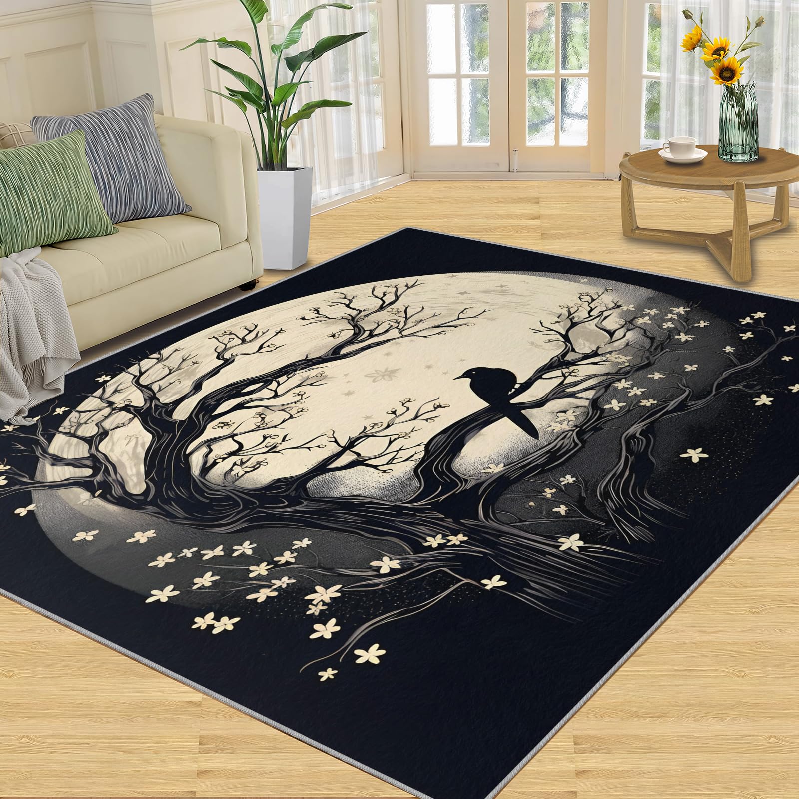 YXQAIED 2x6 Runner Rug Black Crow Area Rug, Gothic Branches Raven Washable Rug Halloween Full Moon Rugs for Living Room Bedroom Rug Indoor Outdoor