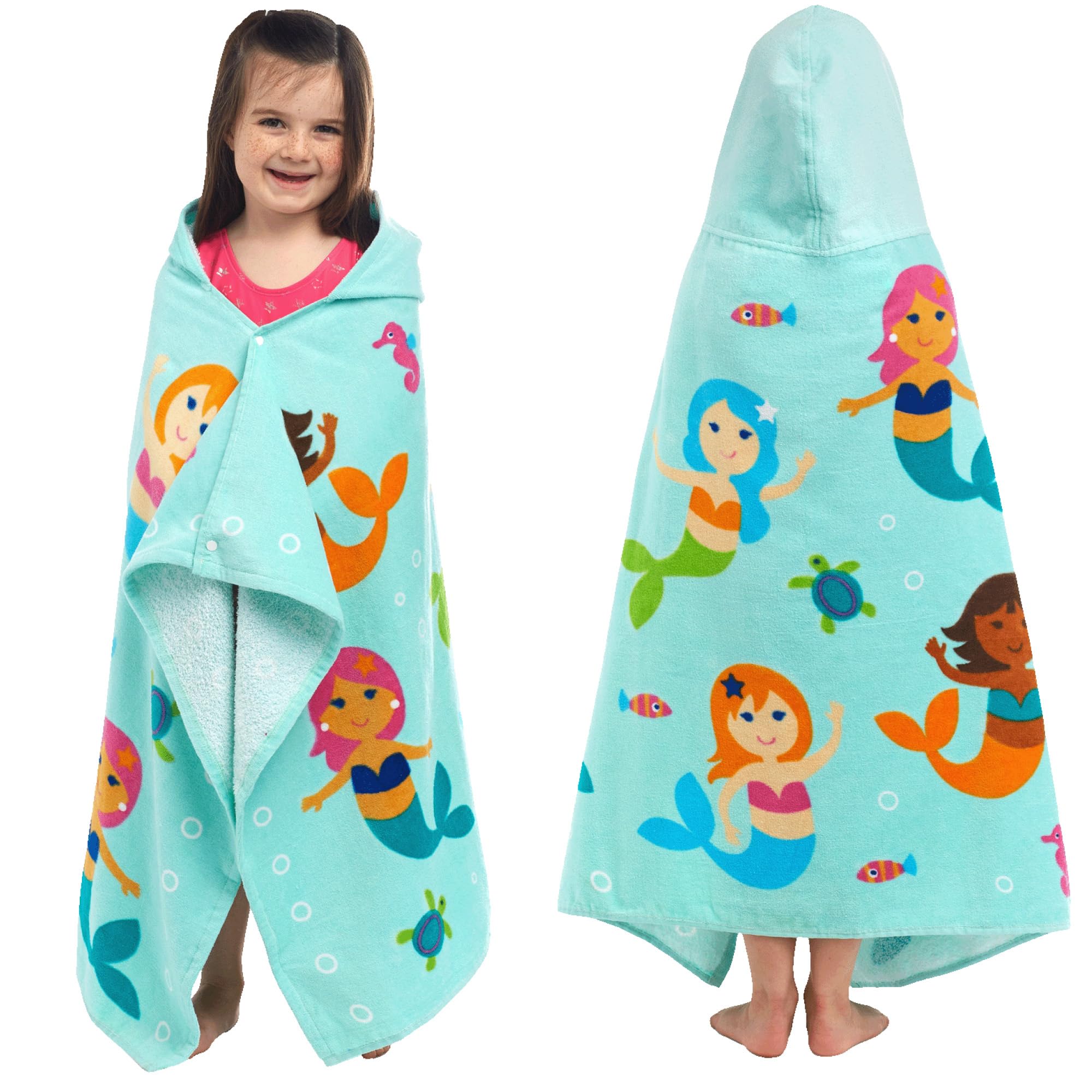 Wildkin Kids Hooded Beach Towel – 100% Cotton, Snap Front for Bath, Pool & Beach - Mermaids