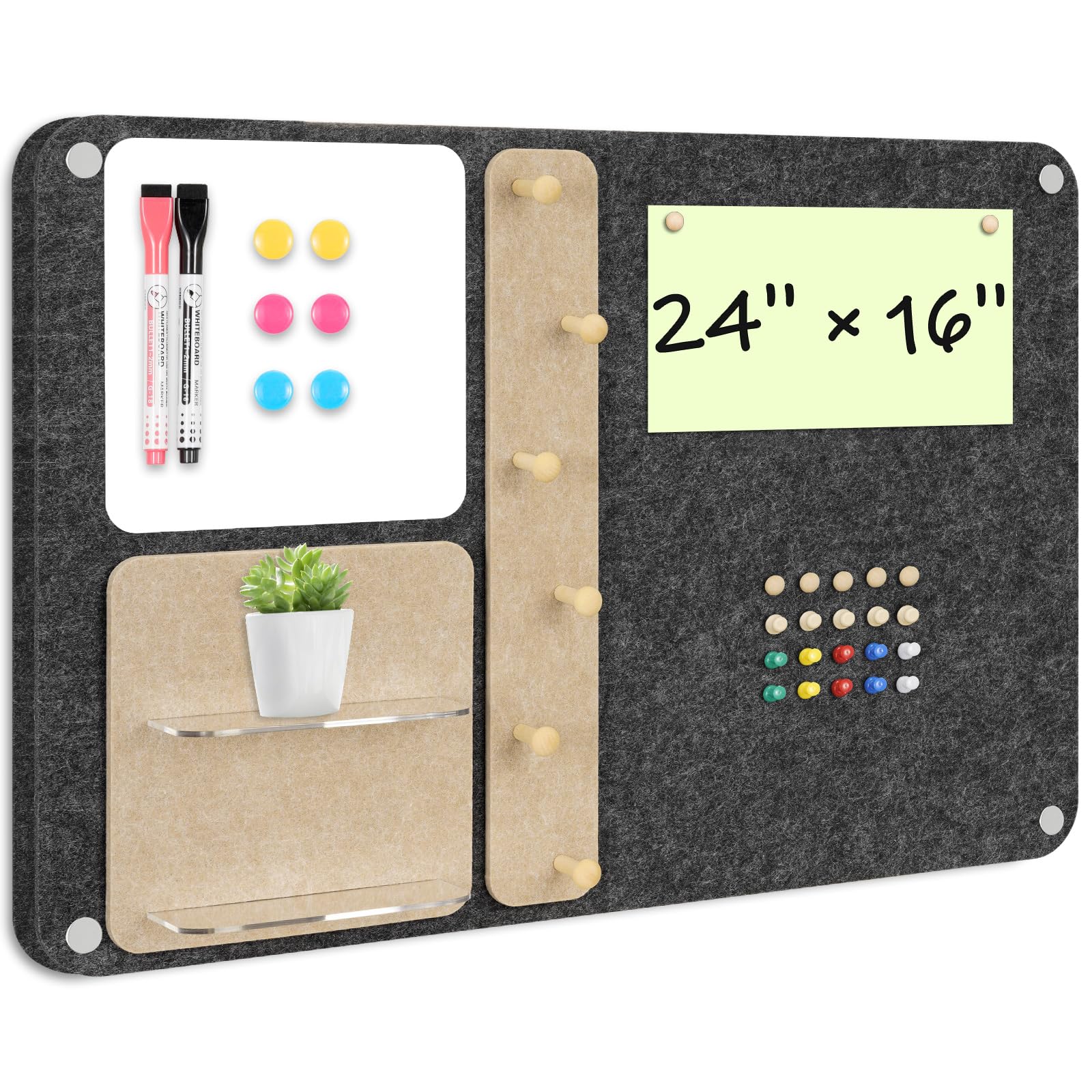 DOLLAR BOSS 3-in-1 Foldable Bulletin Board 24"x16" Horizontal - Magnetic Whiteboard with Cork & Acrylic Shelves, Sound-Absorbing Felt for Home/Office/Dorm Includes Pins/Magnets (Grey)