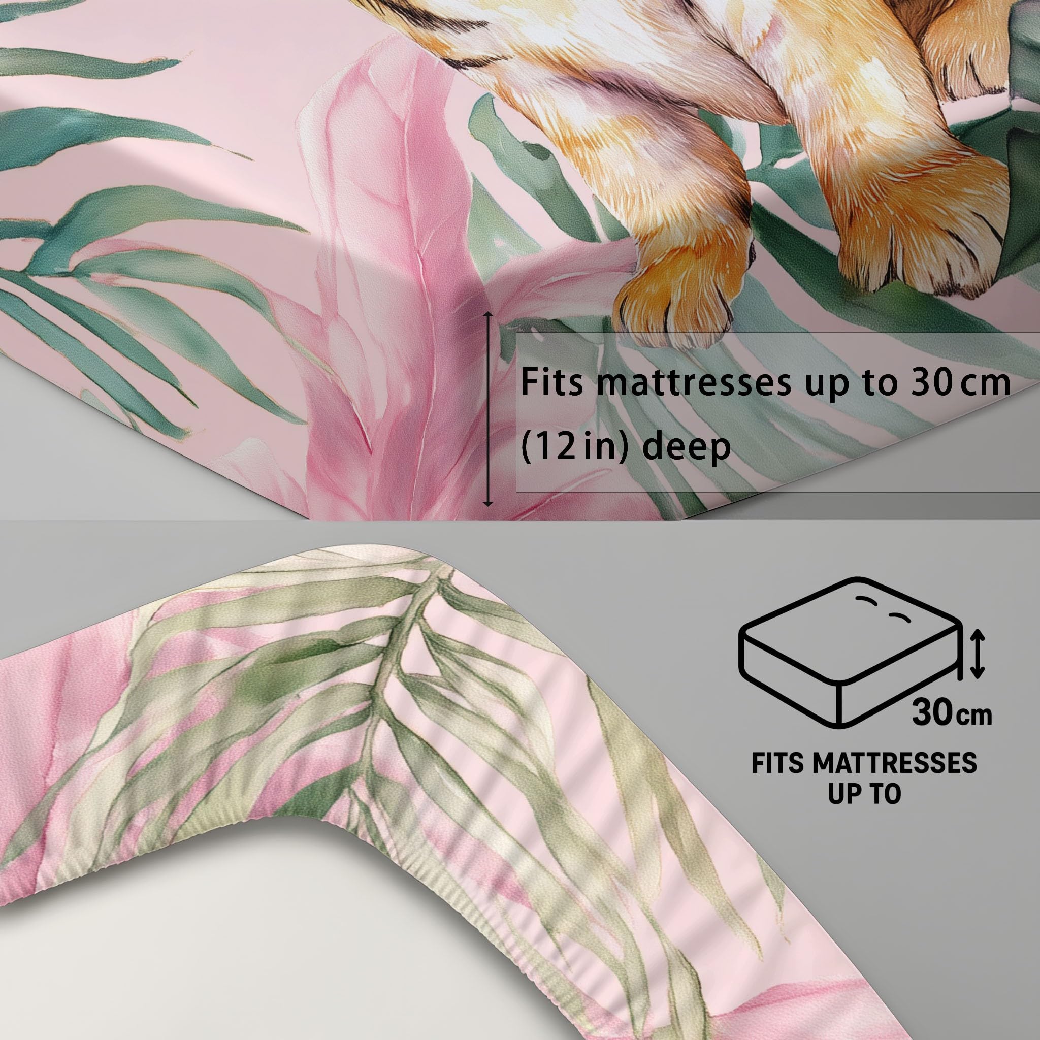 3-teiliges Spannbettlaken 180 x 200 cm - Kinderzimmer Mikrofaser Bettwäsche-Set, Dschungel & Tiger, Tiere & Niedlich Bettlaken Available in 10 Colors
