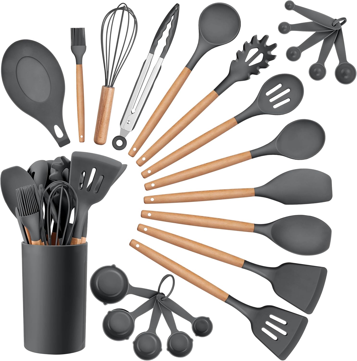 HaWare Kitchen Cooking Utensils Set, 23-Piece Silicone Kitchen Utensils Spatula Set with Holder, Heat Resistant Wooden Handle Kitchen Gadget for Nonstick Cookware, Food-grade Turner Spoon Sets (Grey) HaWare Kitchen Cooking Utensils Set, 23-Piece Silicone Kitchen Utensils Spatula Set with Holder, Heat Resistant Wooden Handle Kitchen Gadget for Nonstick Cookware, Food-grade Turner Spoon Sets (Grey)