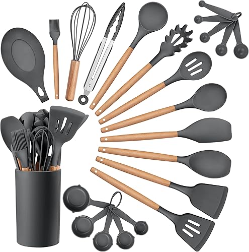 Miniatura 8 de HaWare Juego de utensilios de cocina de cocina, 23 piezas de silicona con soporte, mango de madera resistente al calor, utensilios de cocina