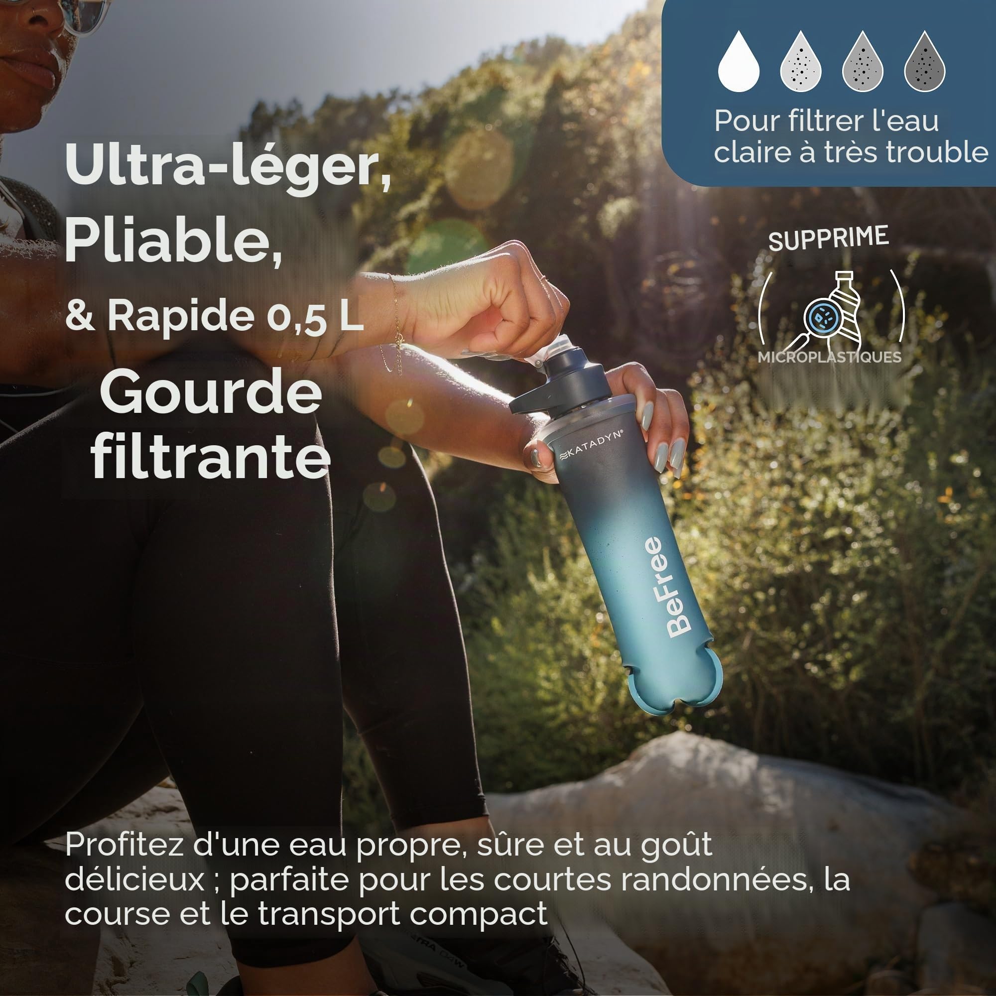 Katadyn BeFree Filter AC 0.5L - Bleu ardoise, Bouteille filtrante ultralégère avec charbon actif & membrane EZ-Clean™ - Eau potable sûre partout, plein air, backpacking, randonnée