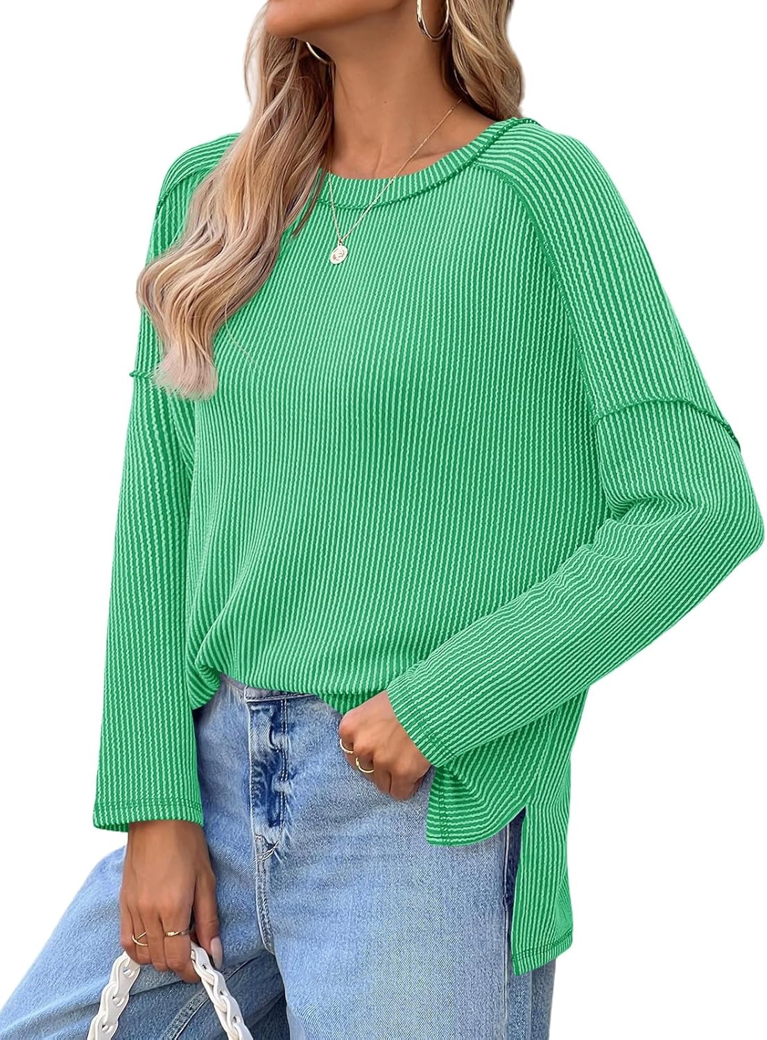 Tankaneo Womens Long Sleeve Shirts Oversized Fall Ribbed Side Slit Tunic Tops Casual Textured Loose Fit Sweaters Tees