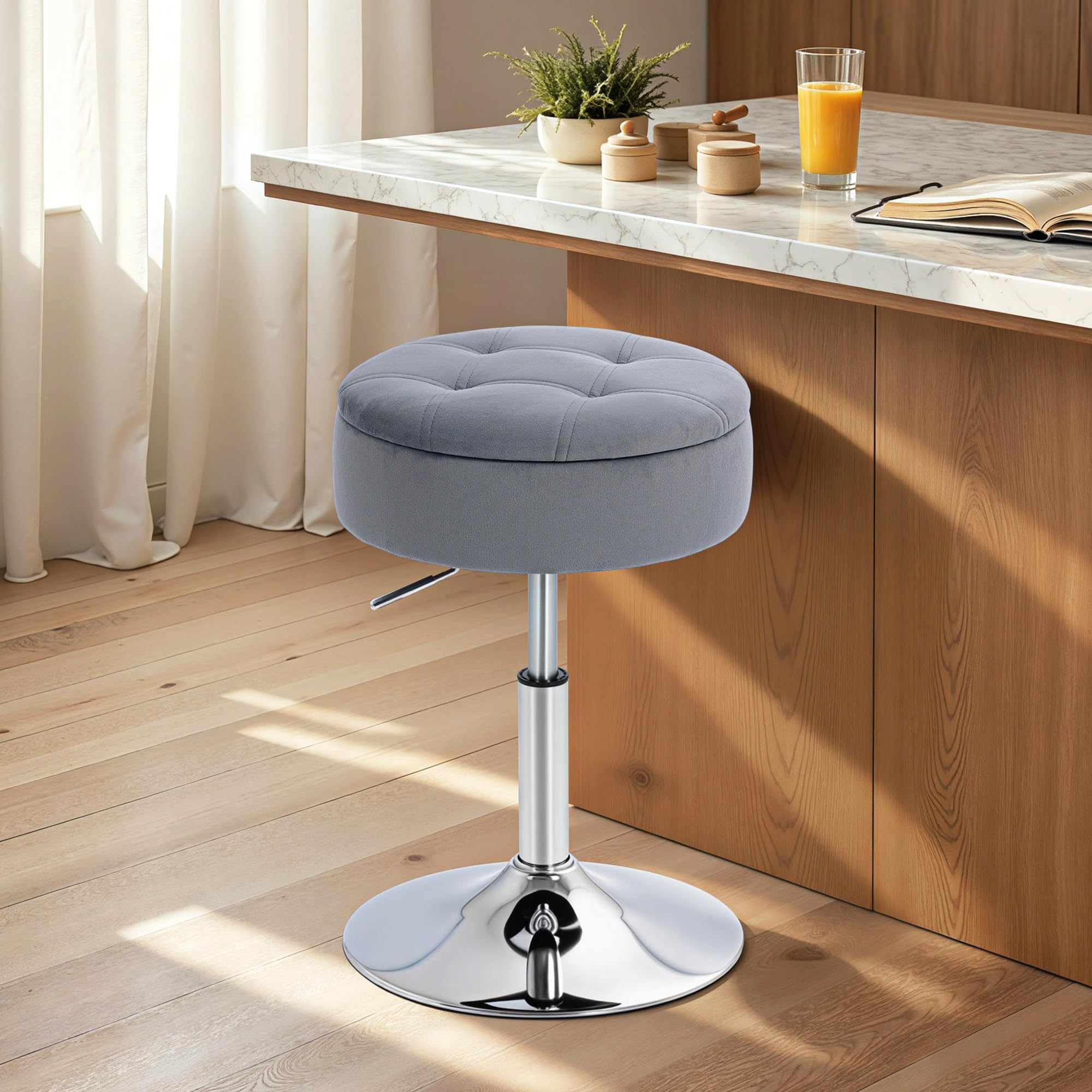HOMCOM Sgabello da Bar con Altezza Regolabile e Vano Contenitore, Grigio