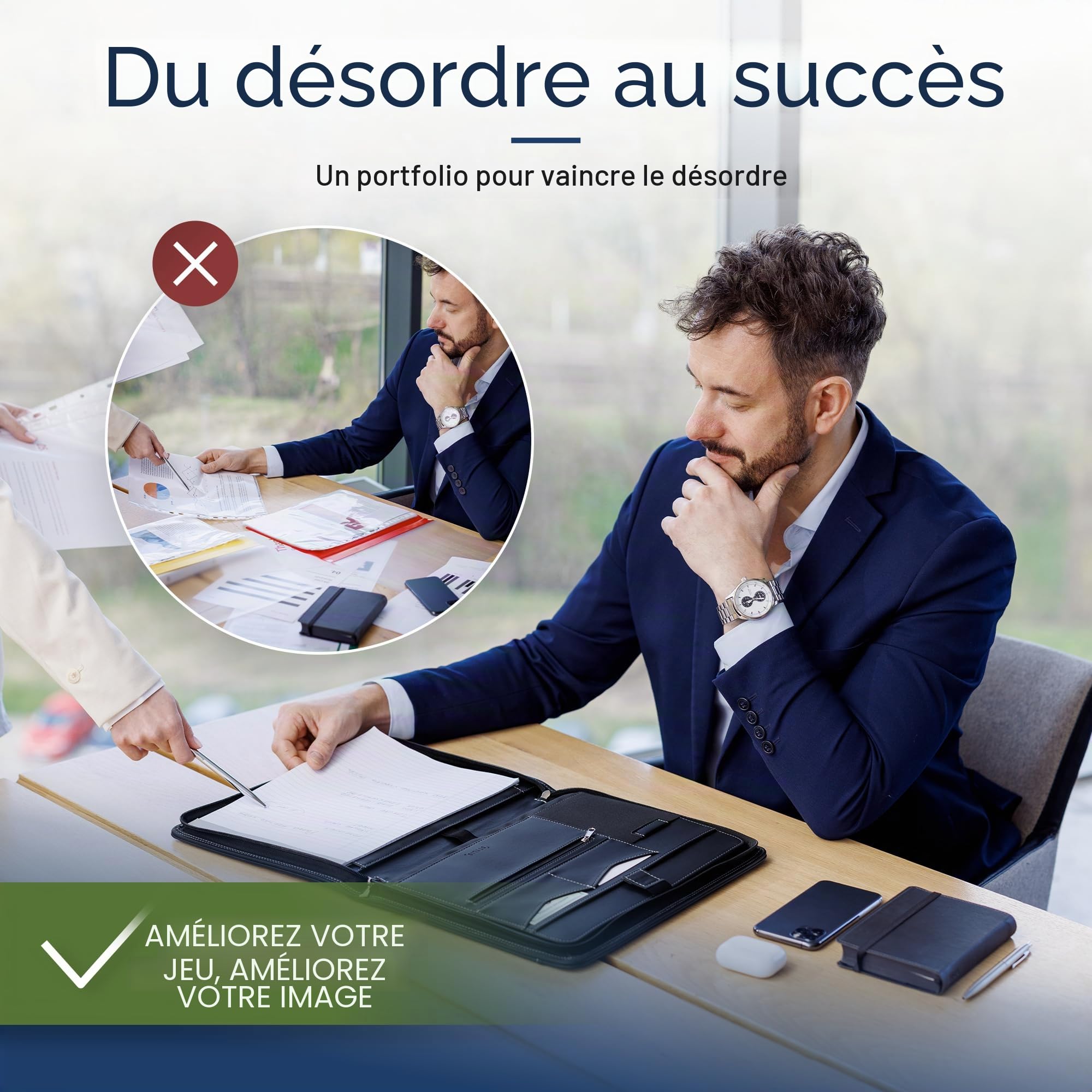 STYLIO Conférencier à fermeture éclair Format A4 Porte-documents pour iPad/tablette (jusqu'à 11") Téléphone et cartes de visite Étui en cuir vegan avec bloc-notes