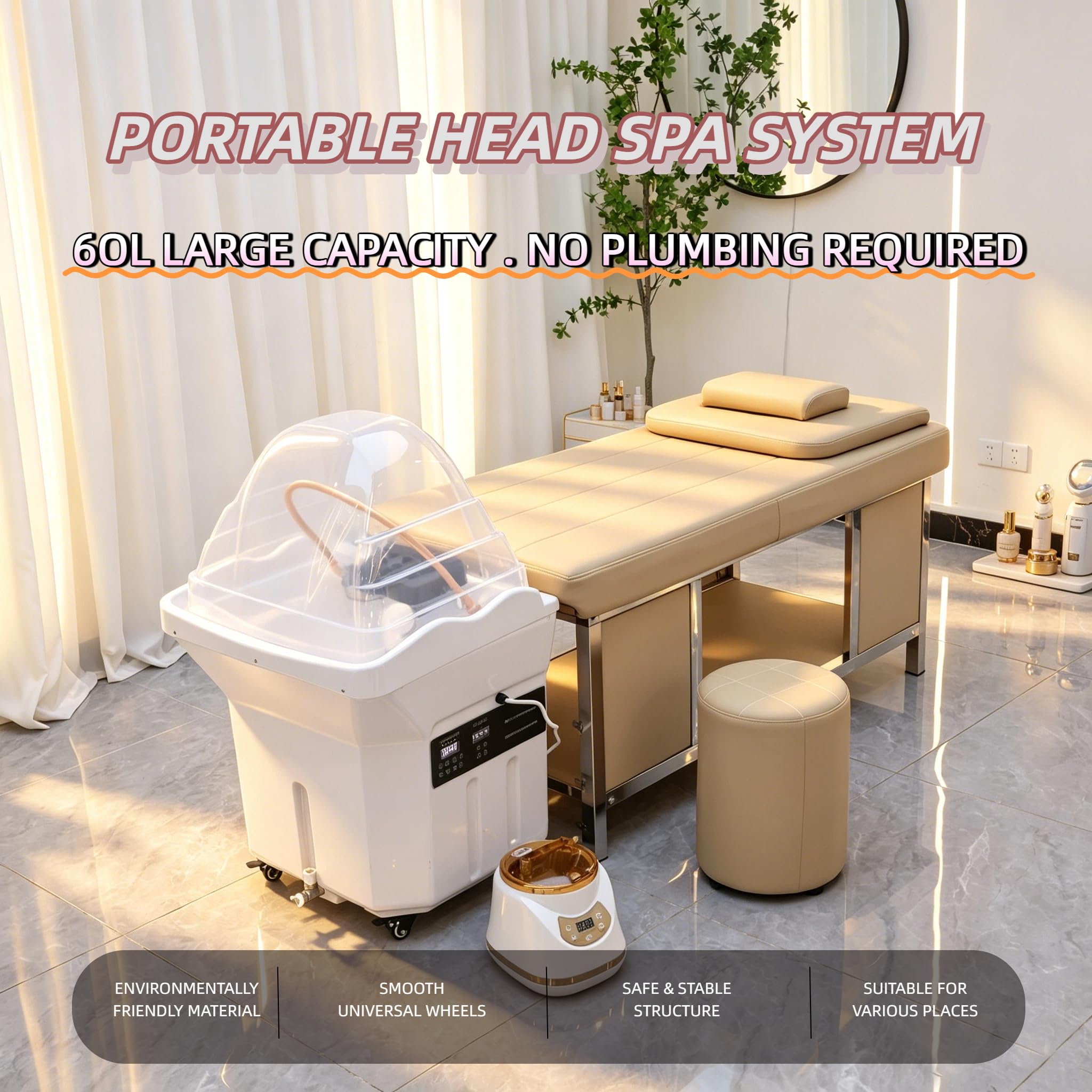 Attrezzatura Per Head Spa Lavatesta Portatile con 4 Ruote Silenziose, Serbatoio Acqua 60l, Adatta Per Spa Per la Testa e Salon di Parrucchieri