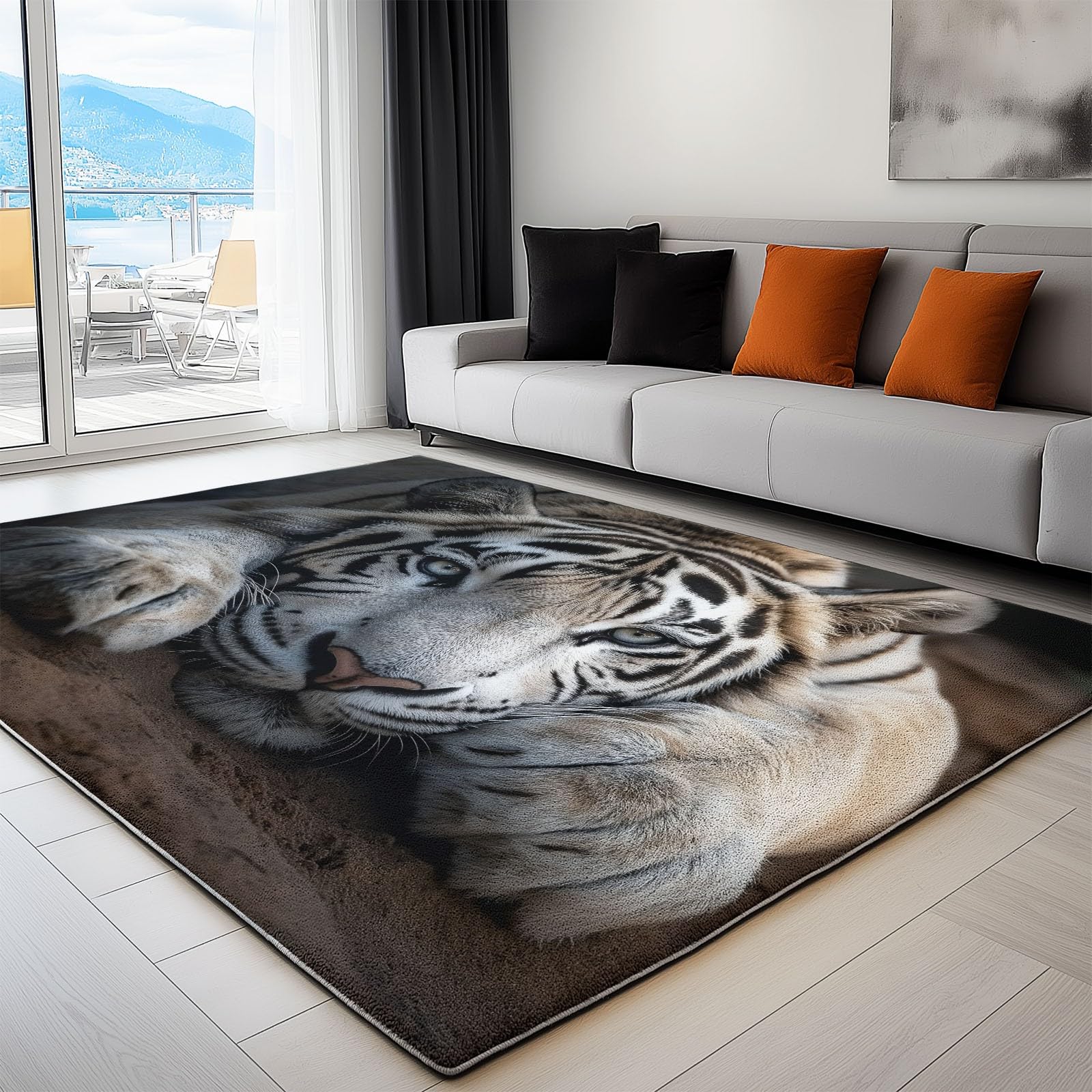 Tapis salon tigre blanc lavable 140x200 cm rectangulaire marron pour chambre
