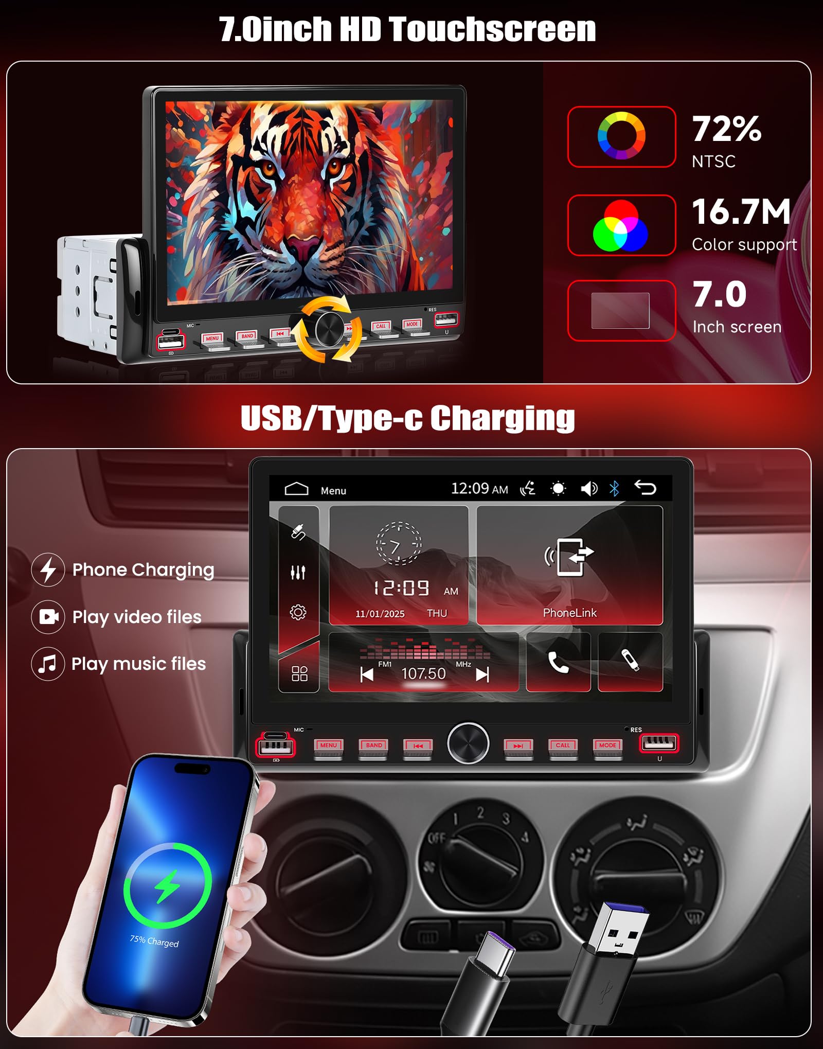 CAMECHO 1 DIN Schermo Tattile 7 Pollici Autoradio con Bluetooth Mirror Link Lettore MP5, Radio 1 DIN per Auto con FM, EQ, USB, Mirror Link, Comandi al Volante + Telecamera