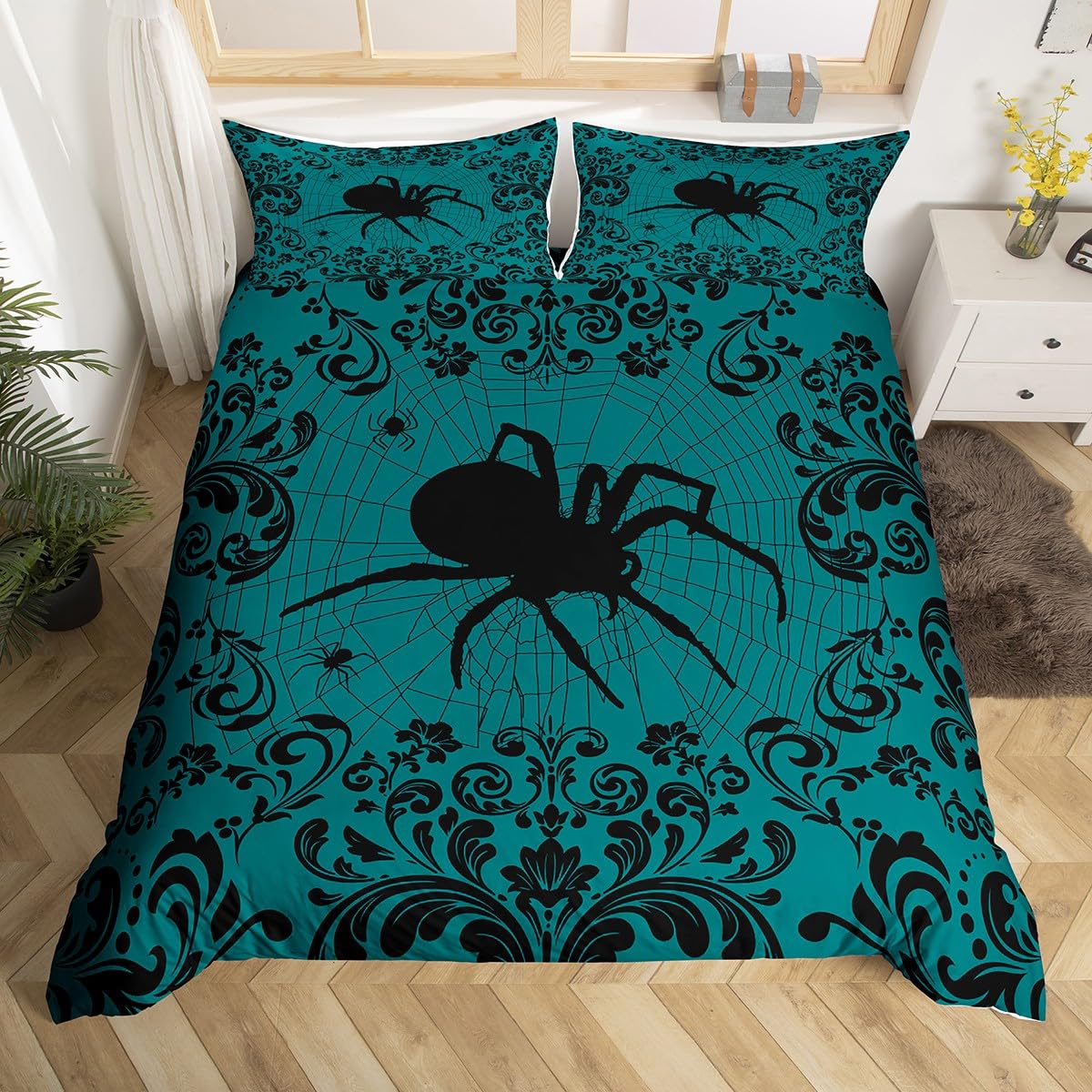 Damask Spider Duvet Cover Single Teal Black Floral Spider Web Bedding Set Halloween Horror Comforter Cover for Kids Adults Room Decor,Hippie Halloween Bed Set 1 Pillow Case