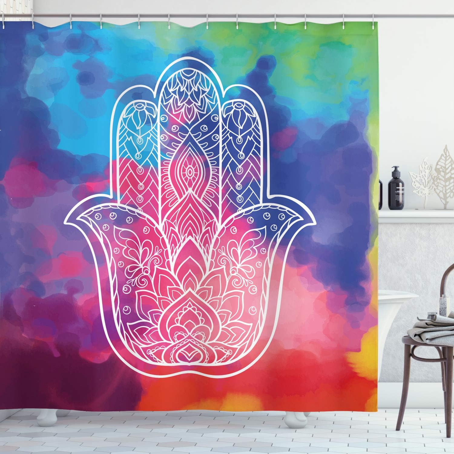 Ambesonne Hamsa Shower Curtain, Colorful Watercolor Background with Hand Drawn Eastern Mantra Gentle Swirls, Cloth Fabric Bathroom Decor Set with Hooks, 69" W x 84" L, Pink Blue Green