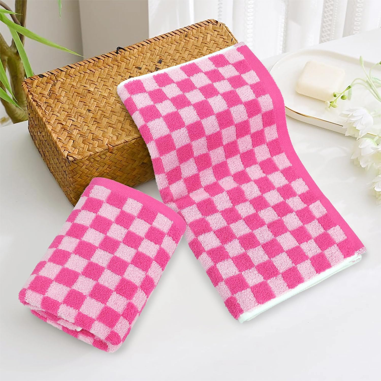 Jacquotha  and White Hand Towels 4 Pack, Cotton Decorative Bathroom Hand Towels & Checkered Kitchen Decor, 13" x 29"