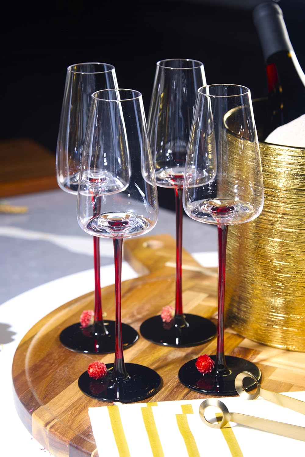LEMONSODA Concave Champagne & Wine Glasses - Modern Red Stem & Black Bottom for Sparkling Wine, Rosé, Prosecco, Champagne – Handcrafted Barware, Perfect for gift (9oz, Set of 4)