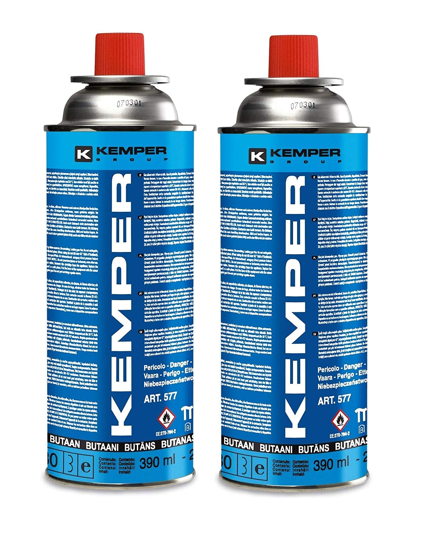Kemper 577 - Bote de cartucho de gas de 390 ml (227 g) ideal para estufas y estufas portátiles tipo bistro (2 unidades)