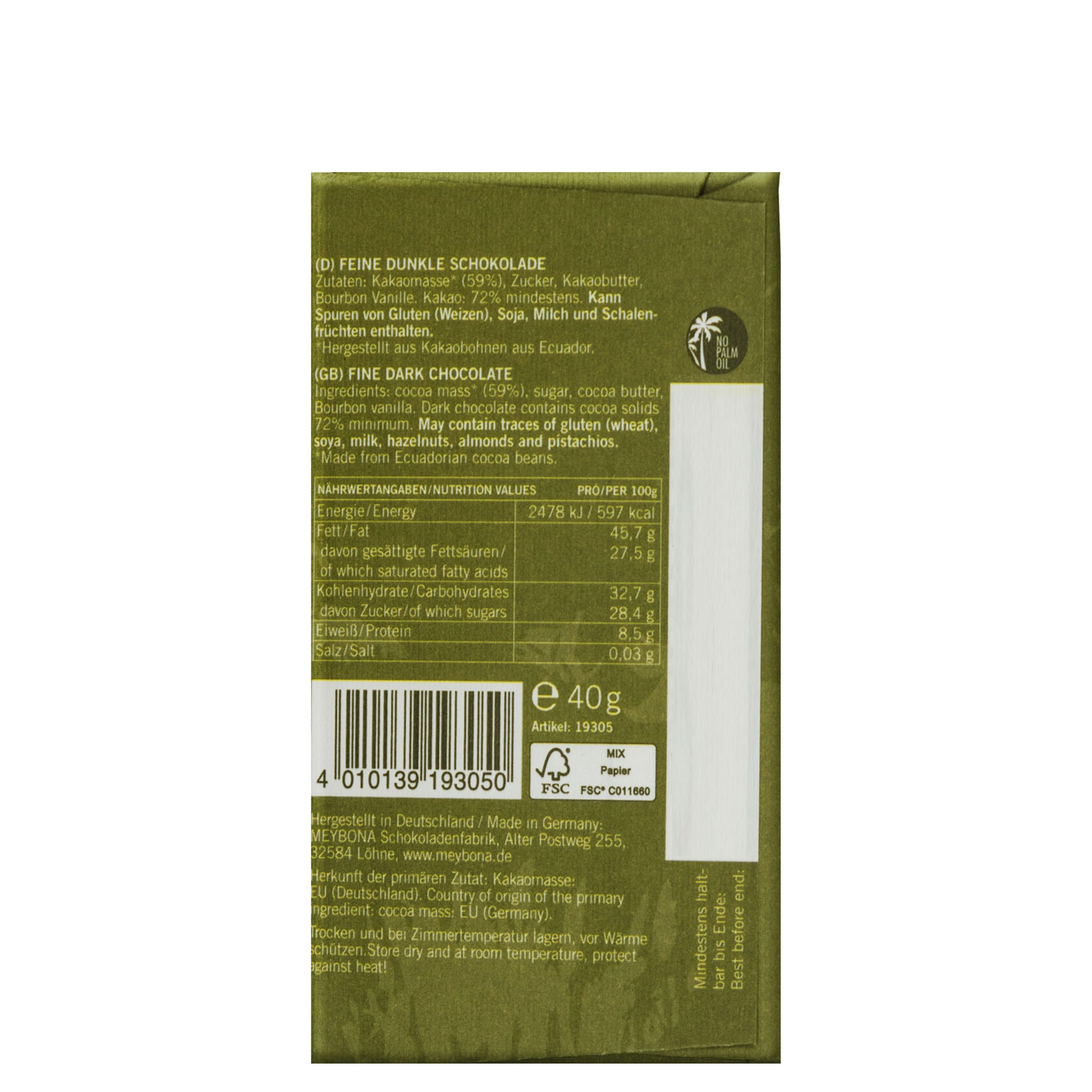 Meybona Urspungs-Schokolade Zartbitter | Ecuador | 72% Kakao | 18x40g | Single Origin, Edelkakao-Schokoladen, Schokoladentafel, ausgewählte Edelkakaobohnen, perfekt für unterwegs, ohne Palmöl