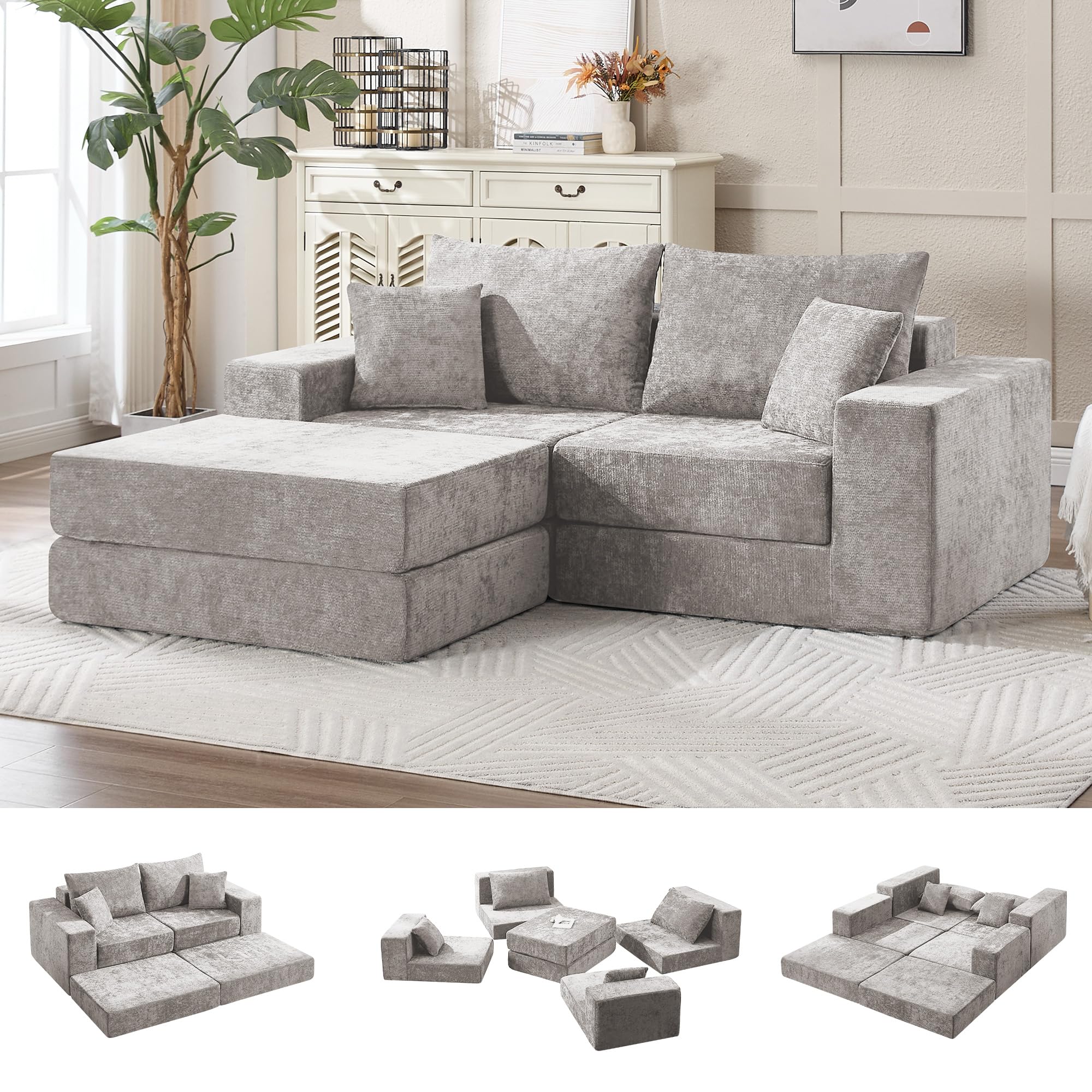 79 Boneless Loveseat Sofa Couch Modular Foldable Floor Cloud Sofa with Ottoman Lounge Convertible Sofa Bed for Living