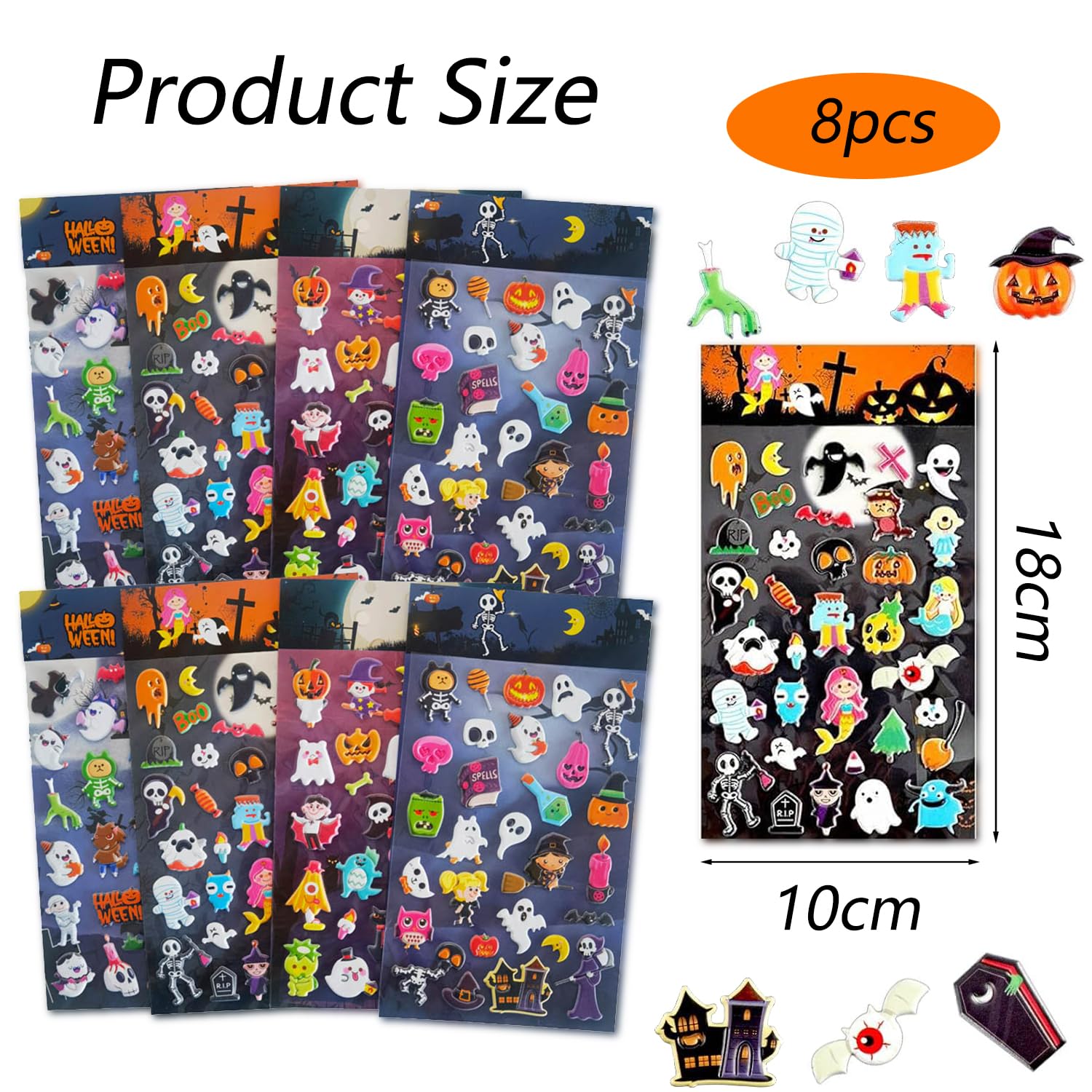 XINDY 3D Halloween Stickers for Kids 8 Sheets - Image 2