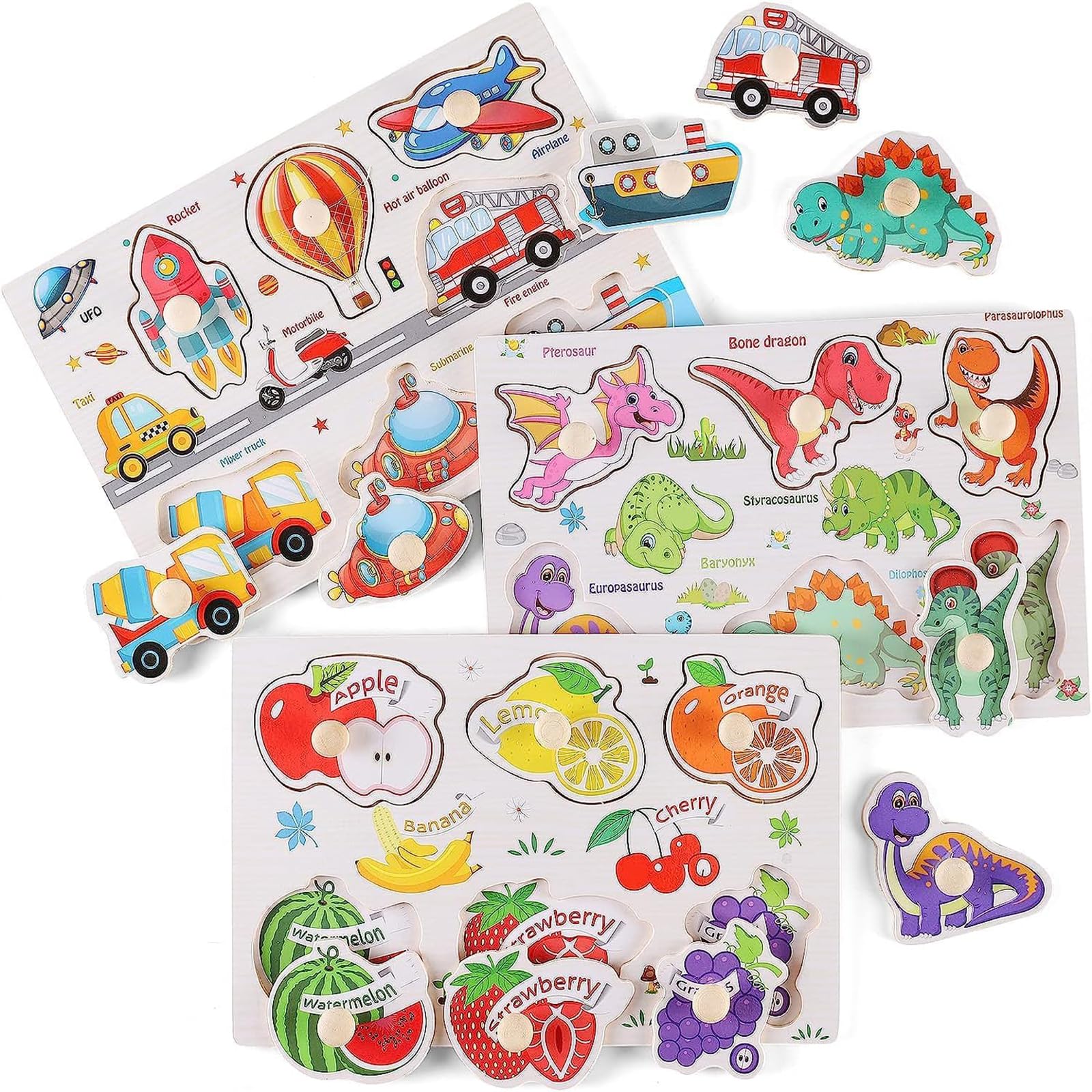 Rayyan Wooden Peg Puzzles,Peg Puzzles Toy,Kid's Educational Preschool Peg Puzzle Toy,Puzzles for Toddlers,Traffic, Dinosaur and Fruit,Gift for Girls and Boys(Pack of 3)