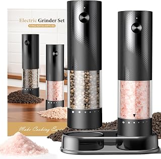 Gaivis Rechargeable Electric Salt Pepper Grinder Set - Adjustable Coarseness, LED Light, Large Hopper, 2-Pack Black