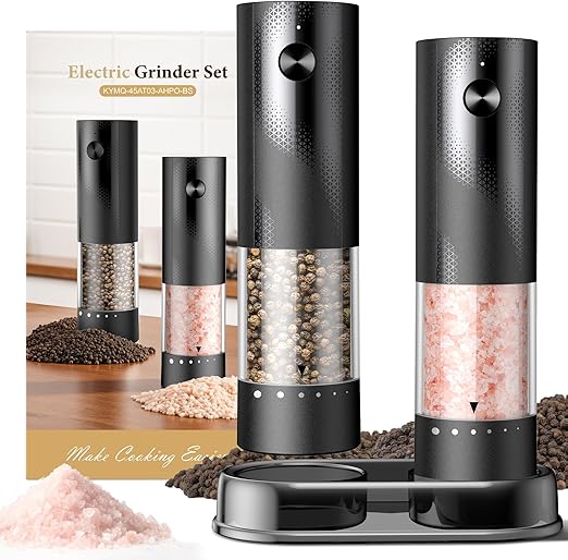Electric Salt and Pepper Grinder Set - Rechargeable Automatic Salt and Pepper Shakers, Kitchen Appliances with External Adjustable Coarseness, Larger Hopper for Cooking, Home Gifts(2 Pack,Black/Black)
