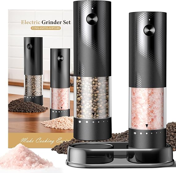 Electric Salt and Pepper Grinder Set - Rechargeable Automatic Salt and Pepper Shakers, Kitchen Appliances with External Adjustable Coarseness, Larger Hopper for Cooking, Home Gifts(2 Pack,Black/Black)