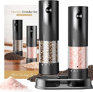 Electric Salt and Pepper Grinder Set - Rechargeable Automatic Salt and Pepper Shakers, Kitchen Appliances with External Adjustable Coarseness, Larger Hopper for Cooking, Home Gifts(2 Pack,Black/Black)