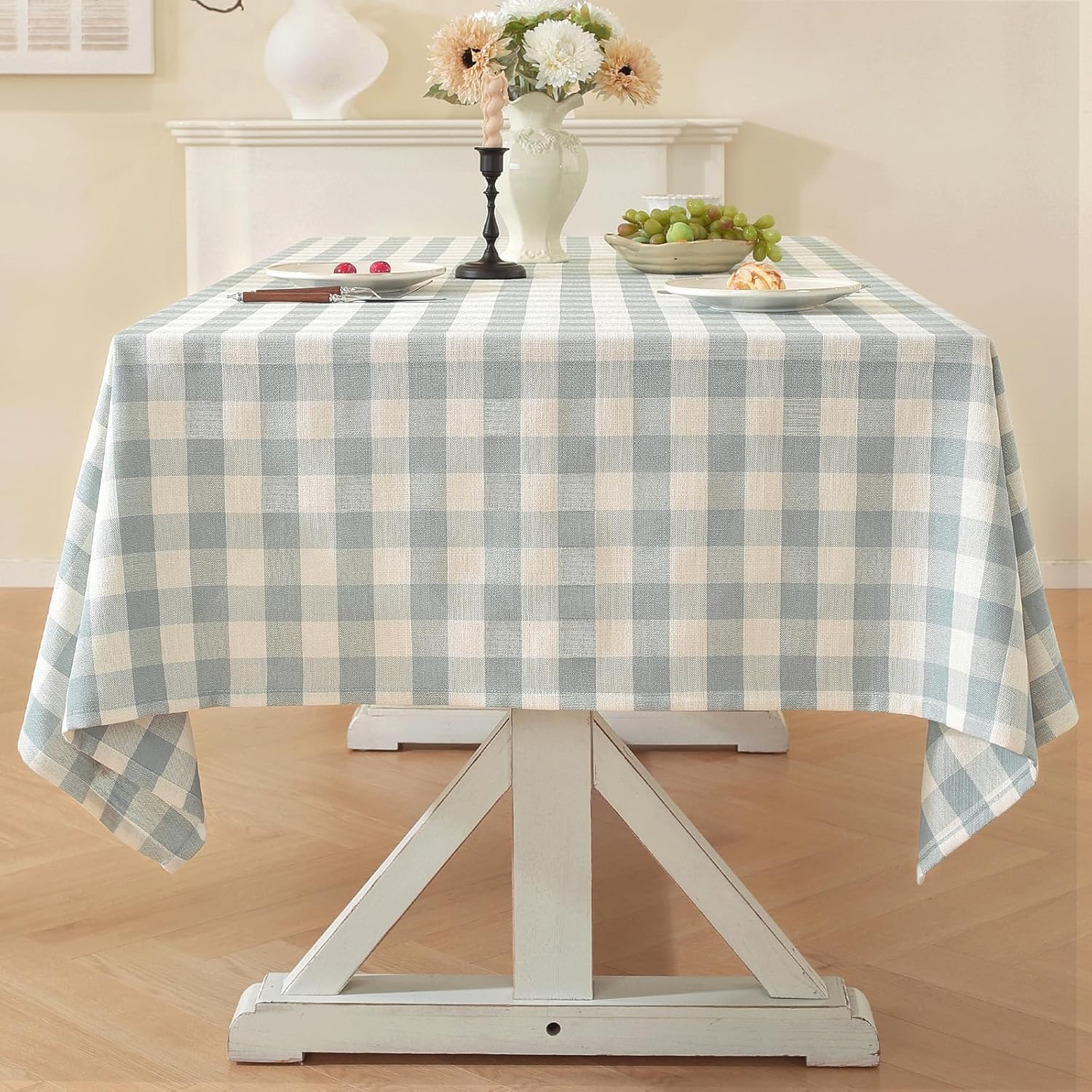 Laolitou Gingham Table Cloth Rectangular 140x220cm Washable Cotton Linen Fabric Tablecloth Buffalo Plaid Checkered Table Cover For Kitchen Dinning Tabletop Decoration (Blue, 6-8 Seats)