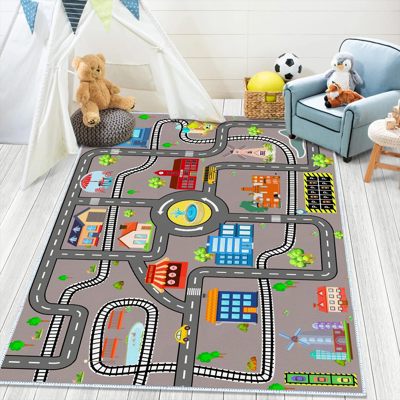 MLLgYq Kids Car Rug, 3'x5' City Life Traffic Road Playmat for Toy Cars Trains, Non-Slip Race Track Carpet Educational Fun Area Rugs for Boy and Girl