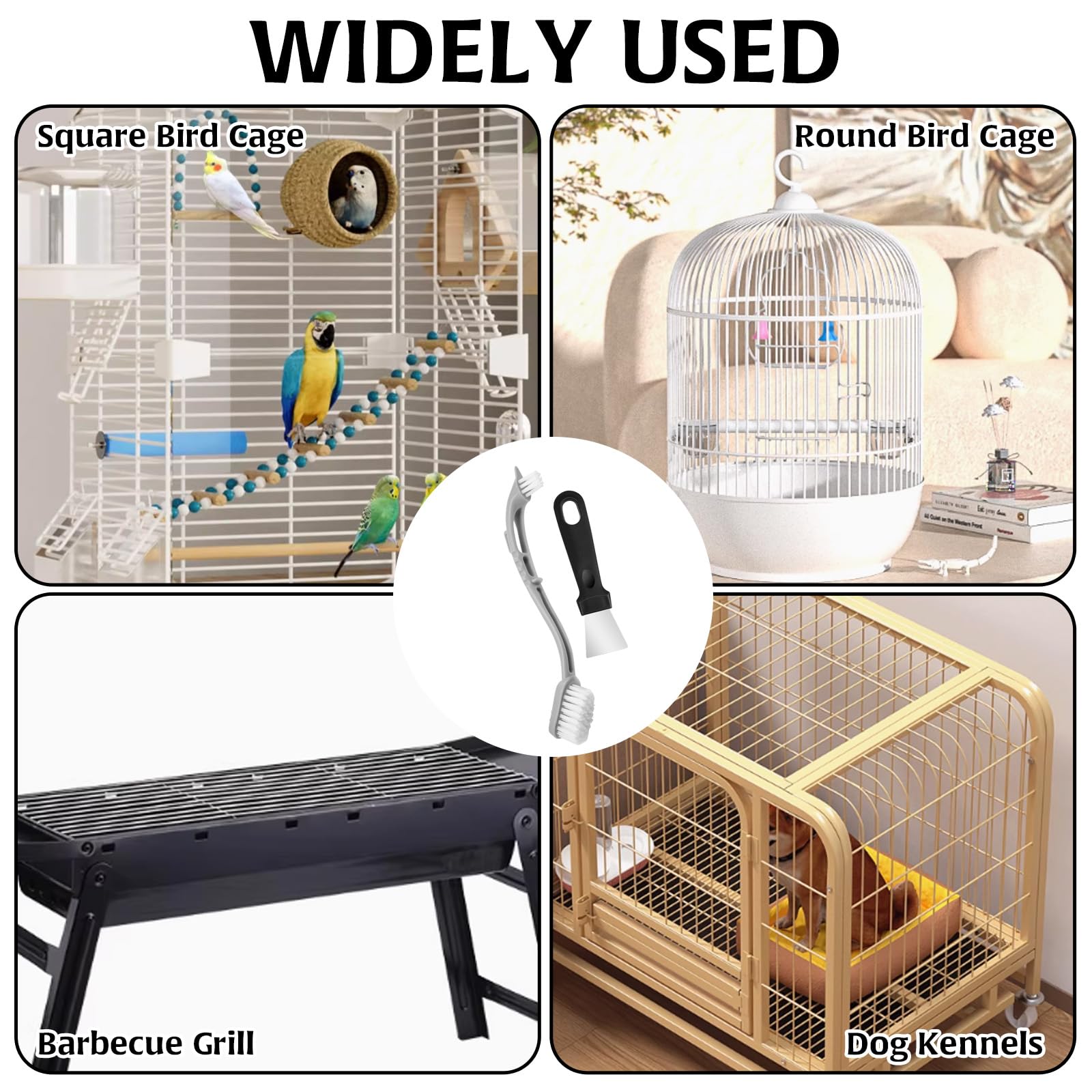 Pulitore per gabbie per uccelli con spazzole anteriori e posteriori, raschietto per la pulizia, utensile con manico lungo, strumento per la rimozione degli escrementi di uccelli, utensili in