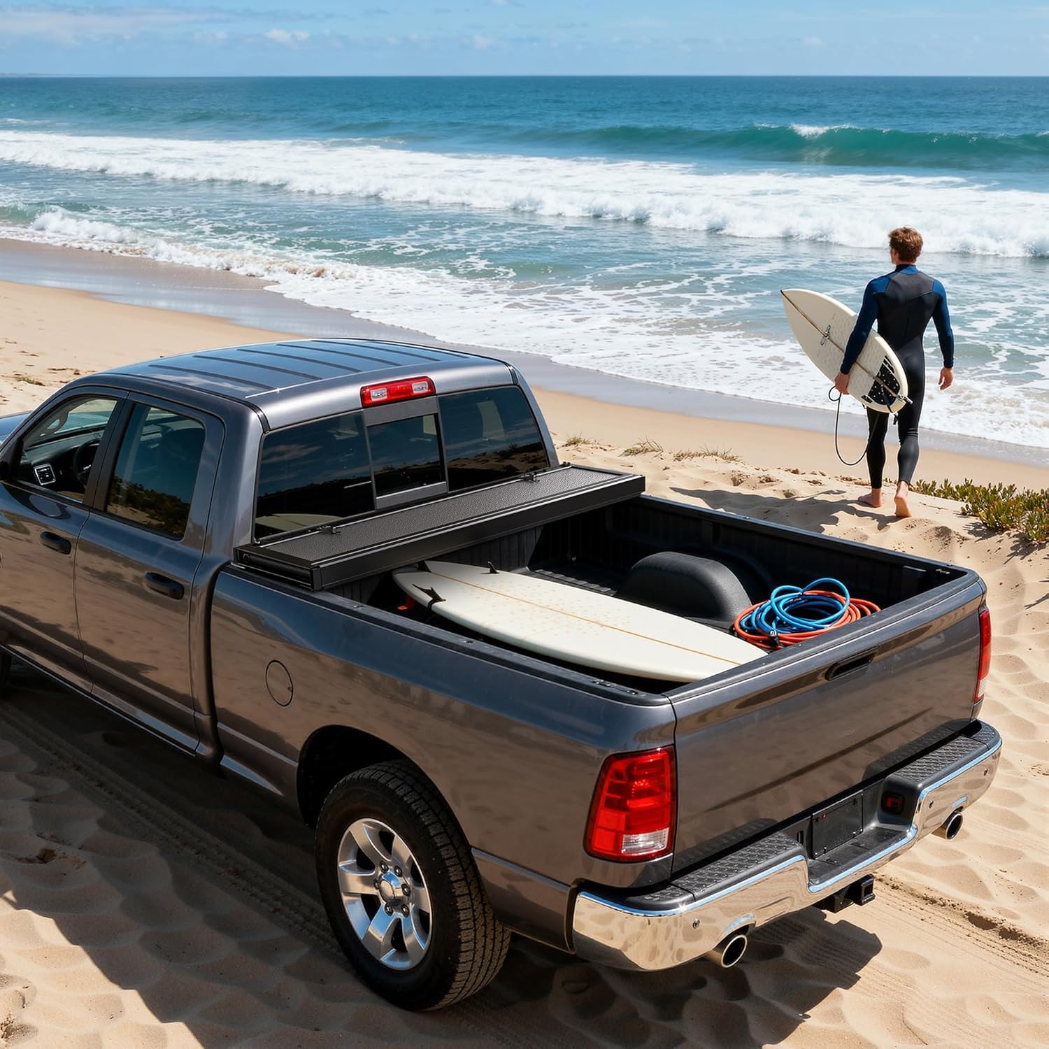 Low-Profile Hard Quad-fold Tonneau Cover Fit for Dodge Ram 1500 New Body 2019 2020 2021 2022 2023 2024 2025 2026, Fleetside 5.7ft Bed Without Rambox
