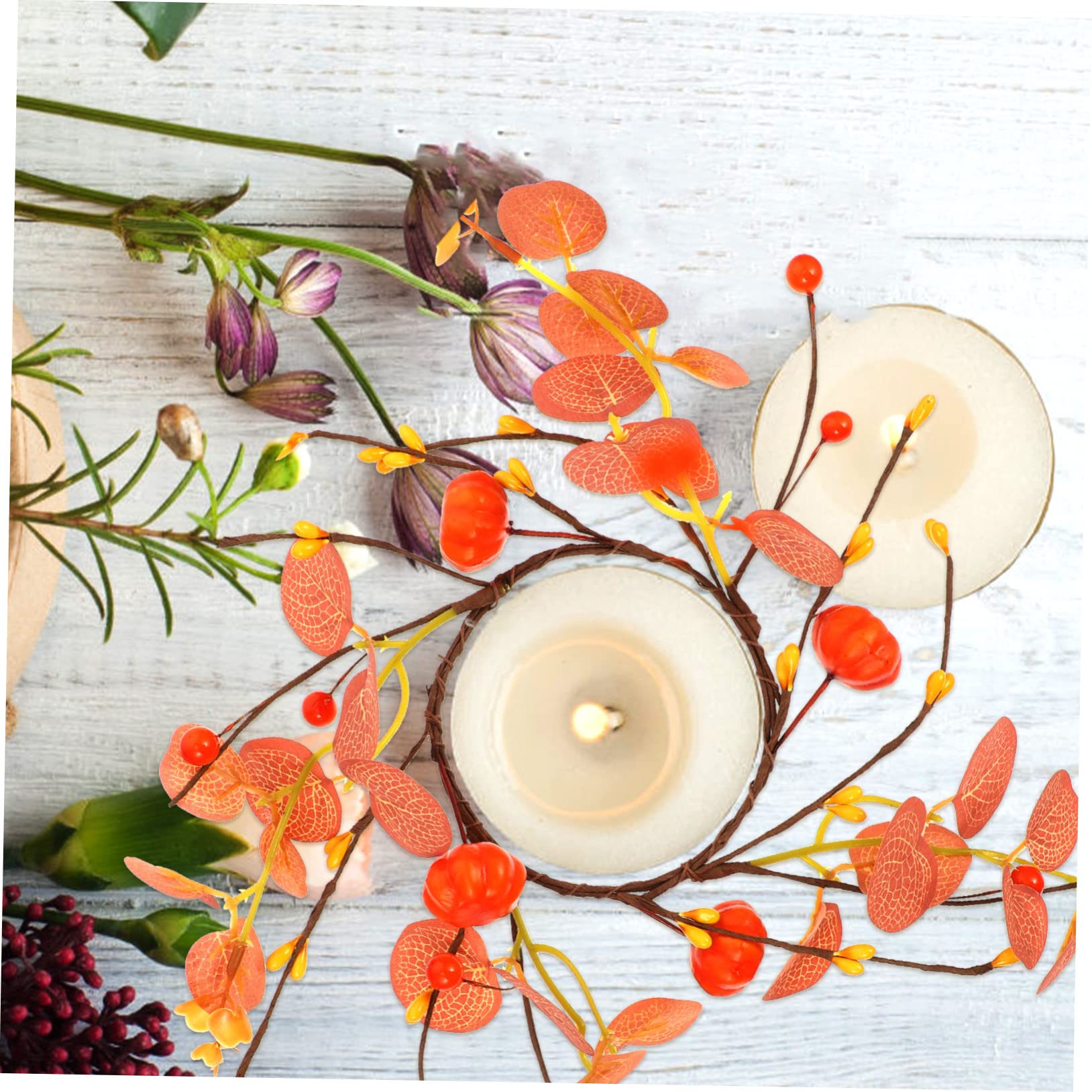 GREENADSCAPE Fall Candle Wreath Artificial Pumpkins and Eucalyptus Leaves Thanksgiving Table Centerpiece Decoration for Home Party and Harvest Celebrations