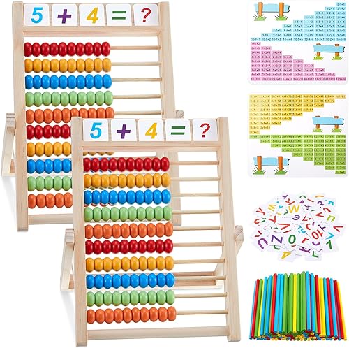 Shappy Juego de 2 juegos de aprendizaje de matemáticas preescolar, juegos educativos de matemáticas, ábaco de madera con marco de madera con cuentas