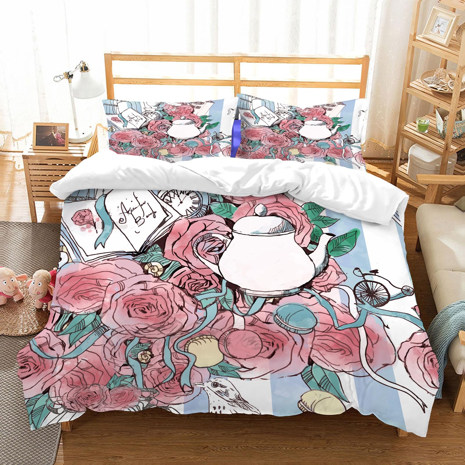 Parure de lit 200x228cm en microfibre de haute qualité motif vintage tea time