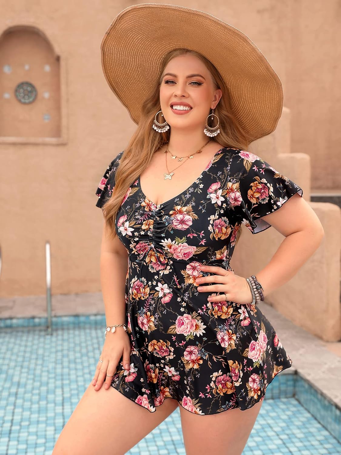 ECUPPER Womens One Piece Swimsuit with Sleeves Plus Size Swim Dress Modest Tummy Control Skirt Bathing Suit Built in Shorts - Image 2