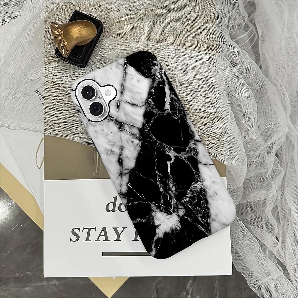 Compatible with iPhone 16 Matte Case, Black and White Marble Pattern for Girl Full Body Design Soft Silicone Drop Shock Scratch Protection - Image 6