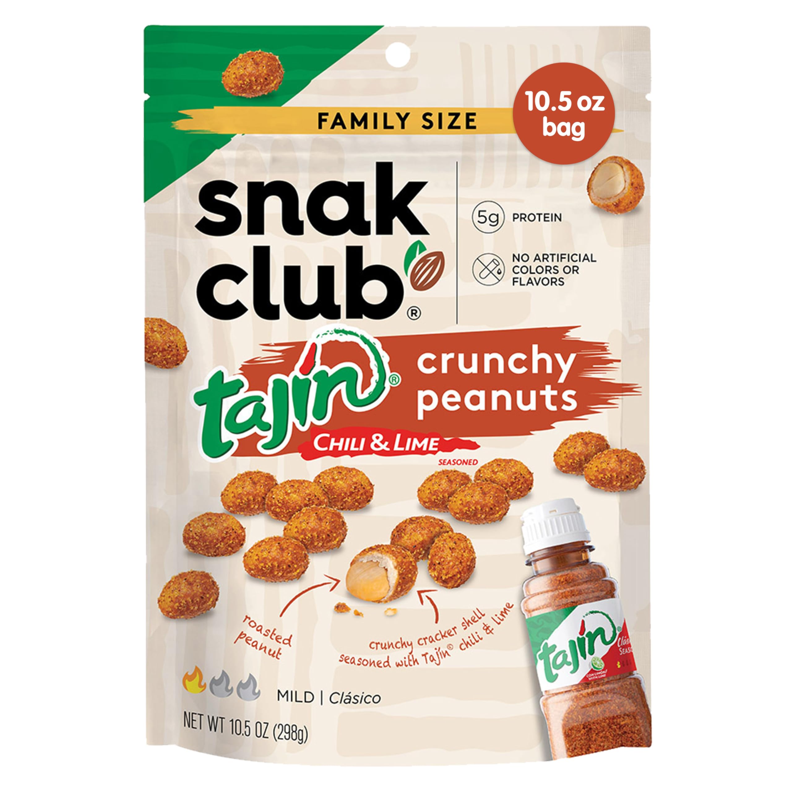 Snak Club Tajin Crunchy Peanuts, Nuts with Chili and Lime Seasoning, Mild, No Artificial Colors or Flavors, 10.5 oz Resealable Bag