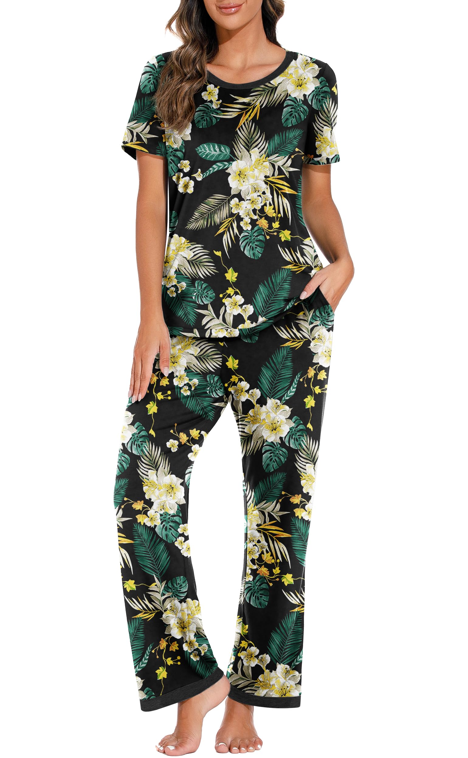 PrinStory 2025 Womens Pajama Set Short Sleeve Sleepwear Ladies Soft Pjs Lounge Set with Pockets