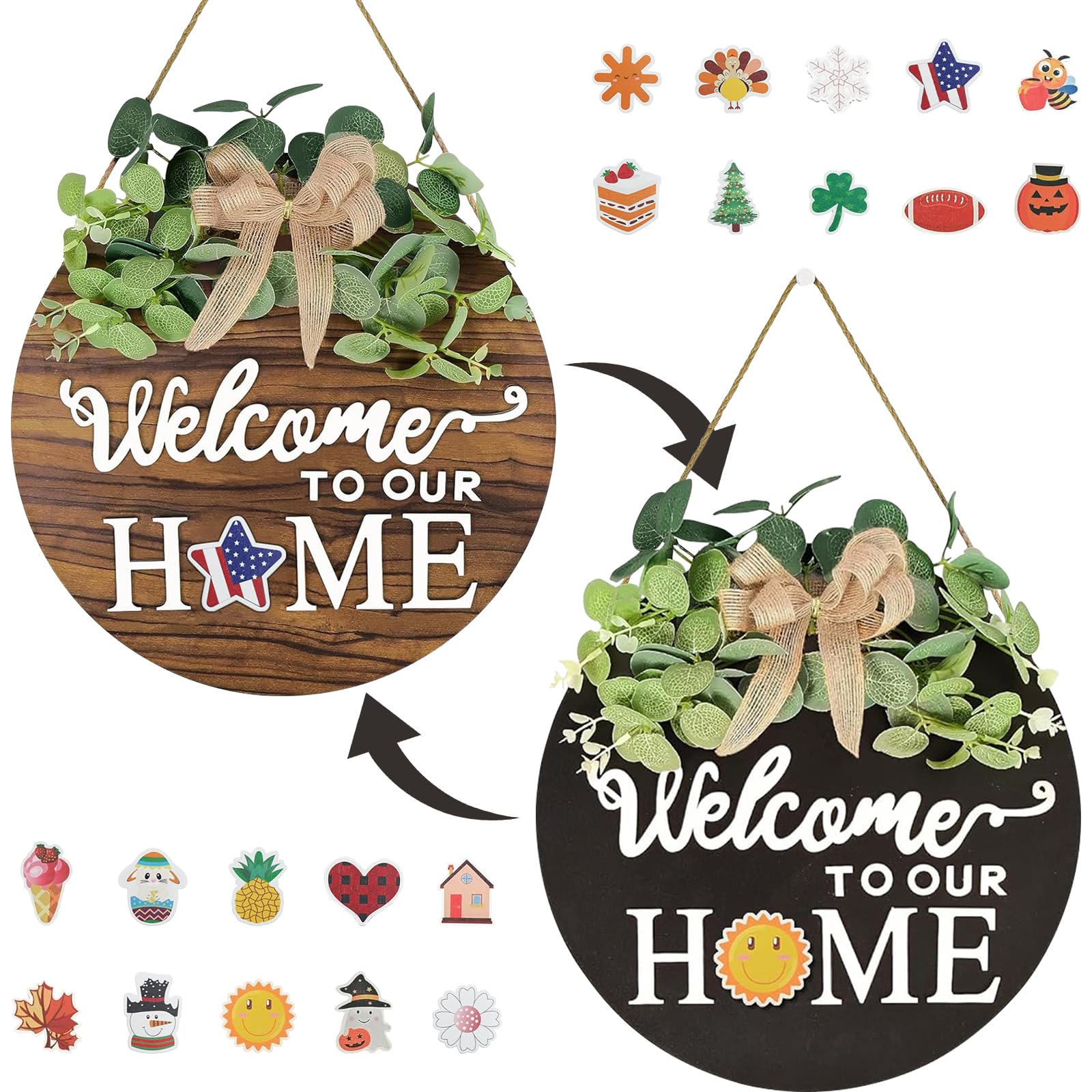 Interchangeable Seasonal Welcome Sign Front Door Decoration Rustic Round Wood Wreaths Wall Hanging Outdoor Decor Porch Fence for Spring Summer Fall